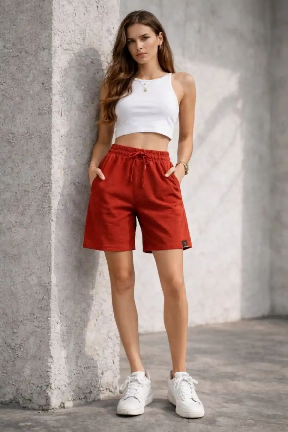 Kadın Dokuma otoban Şort Beli Lastikli Bağcıklı Cepli Kesim Şort - Turuncu