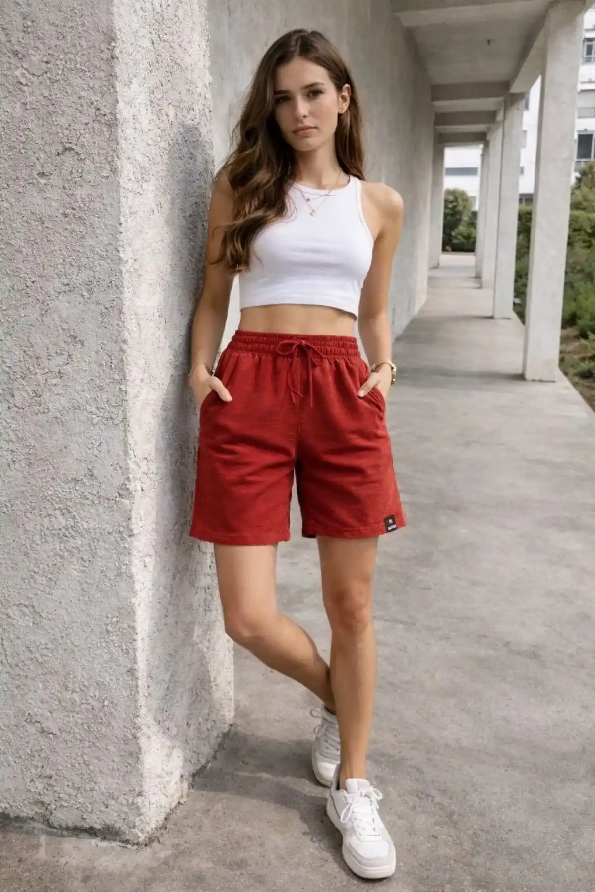 Kadın Dokuma otoban Şort Beli Lastikli Bağcıklı Cepli Kesim Şort - Turuncu