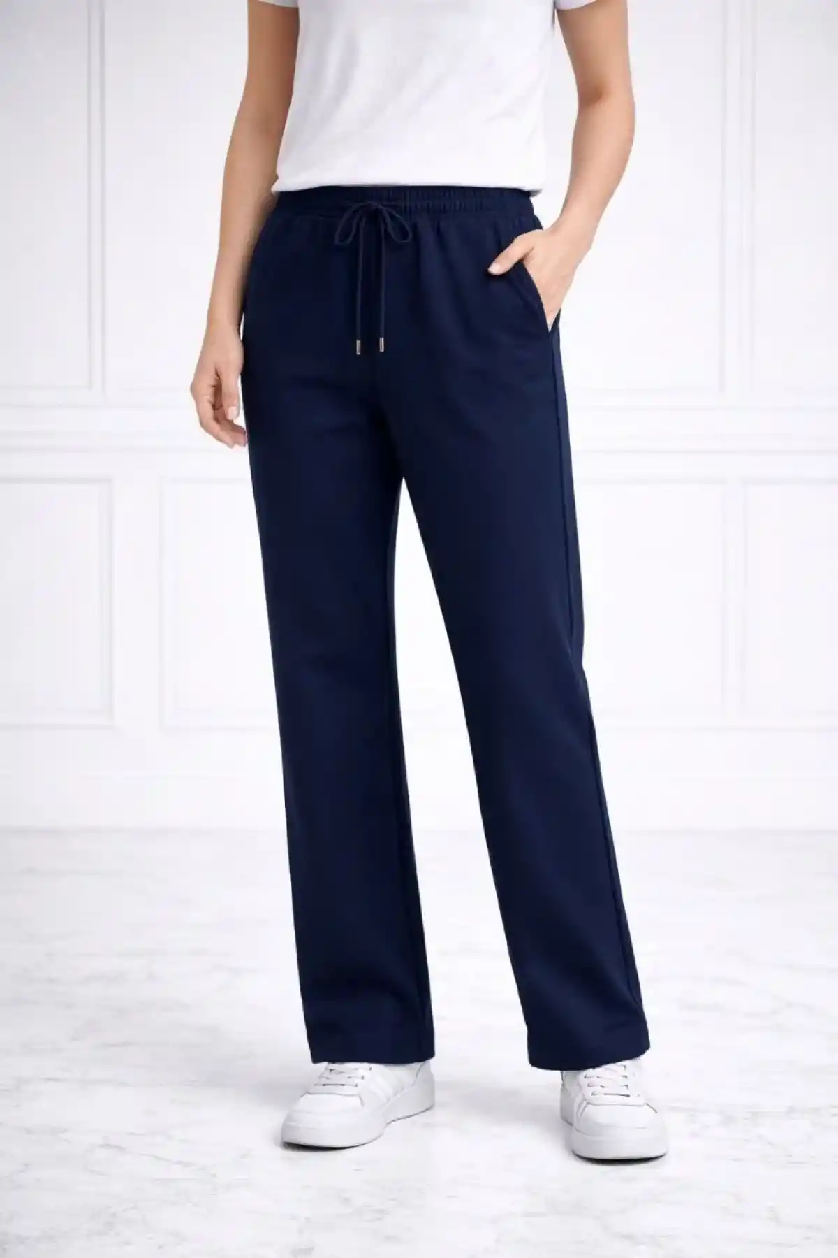 Kadın Düz Paça Beli Lastikli İpli Spor Eşofman Altı Fit - Lacivert