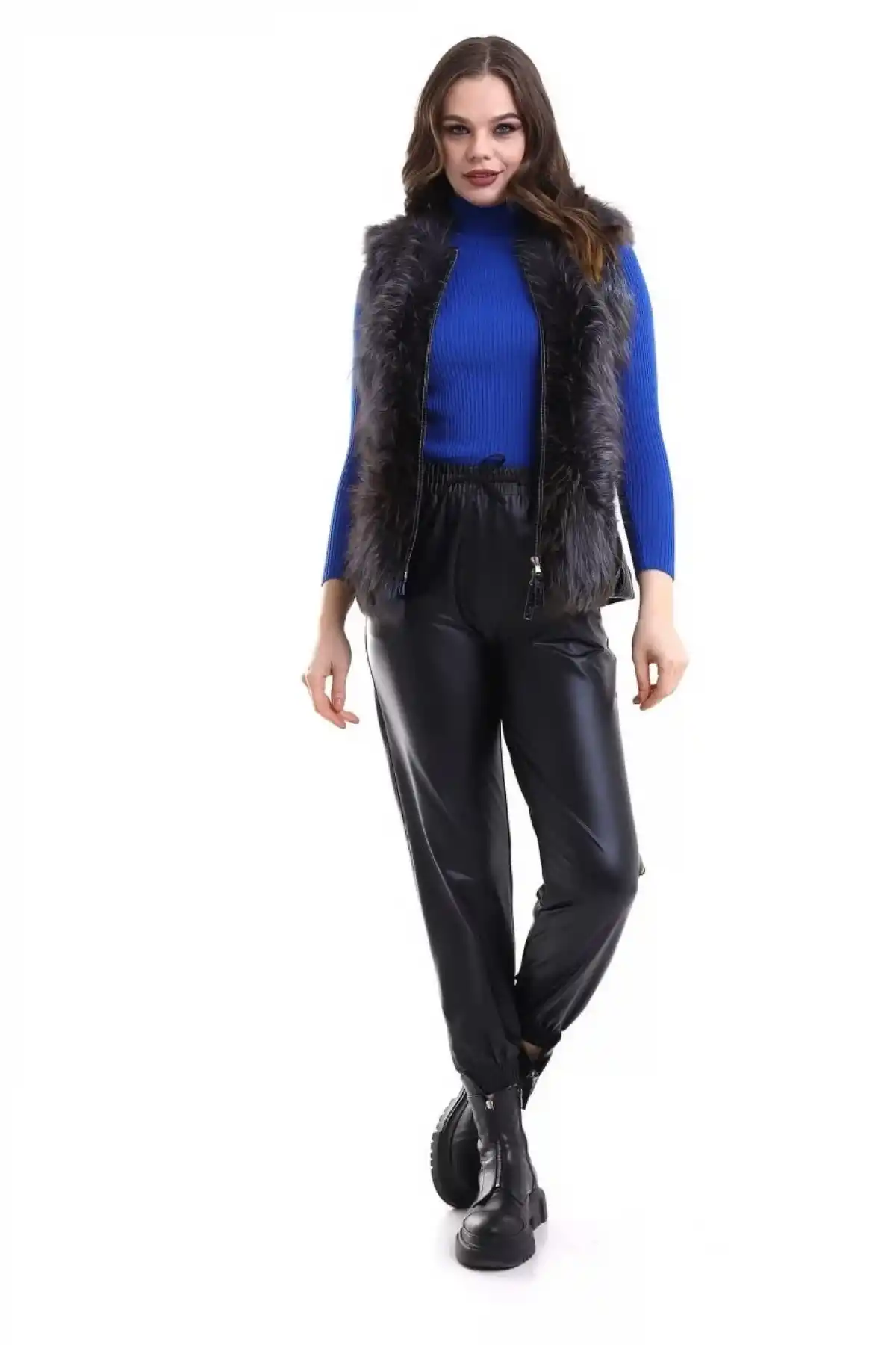 Kadın Fermuarlı Koyun Derisi Tilki Kürkü - Siyah