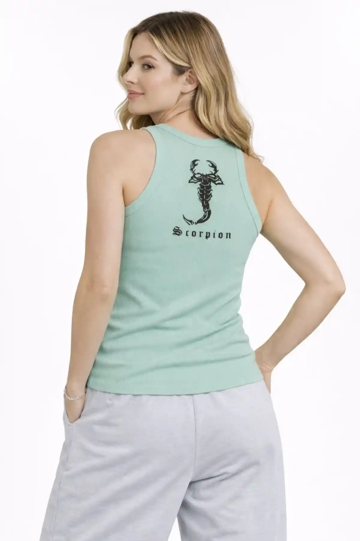 Kadın Fitilli Atlet Sıfır Yaka Slim Fit Arka Baskılı Spor Atlet - Mint Yeşili