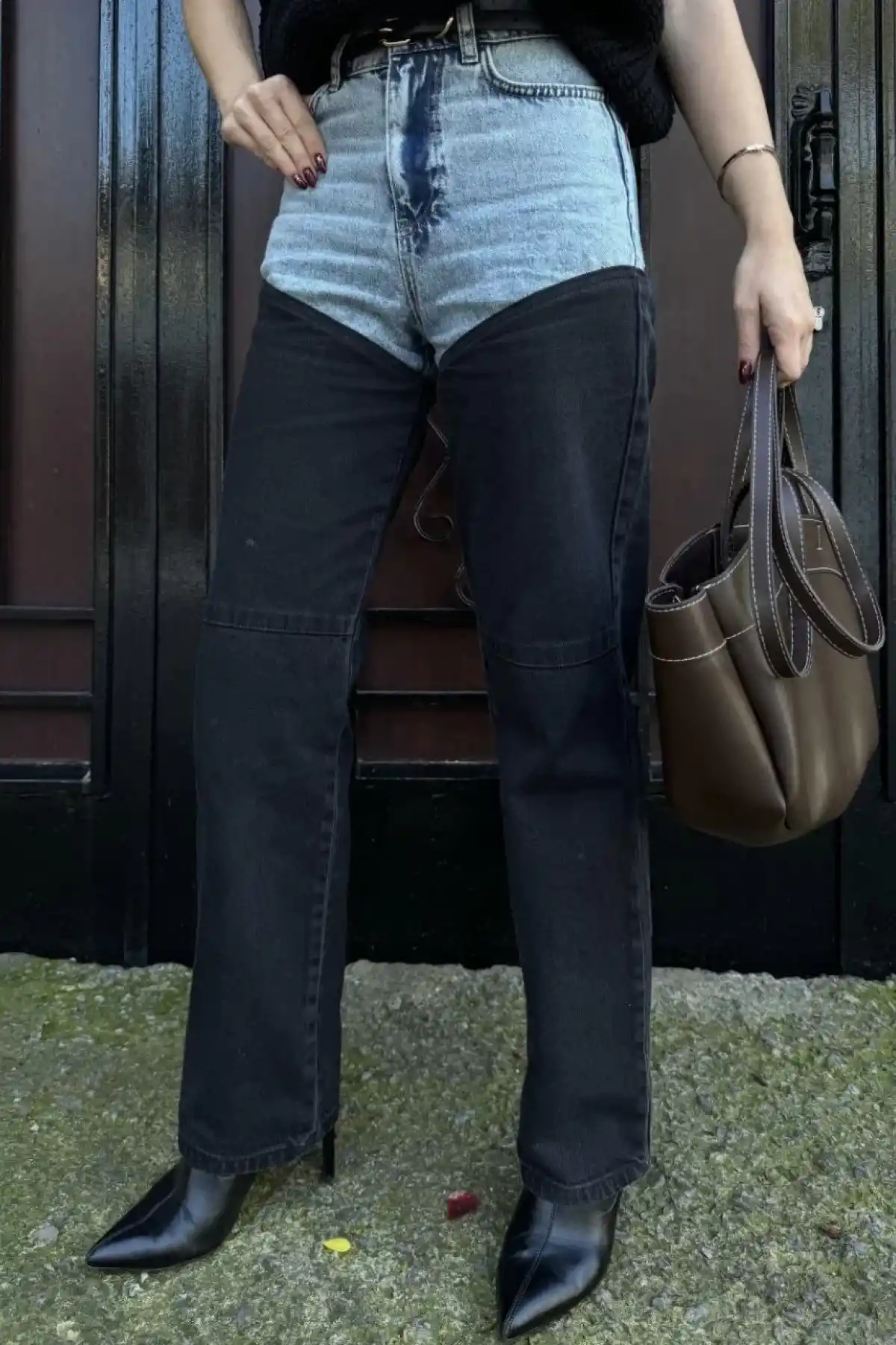 Kadın Jeans Kot Parçalı Palazzo Pantolon - Siyah