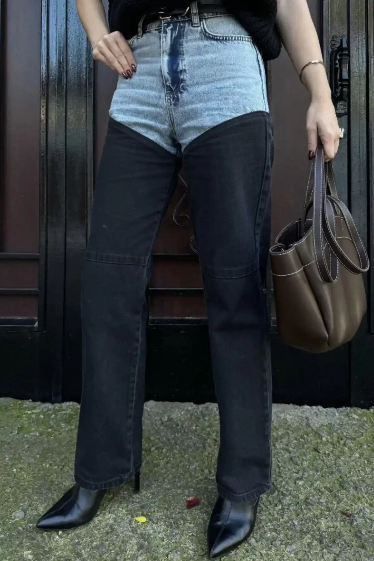 Kadın Jeans Kot Parçalı Palazzo Pantolon - Siyah