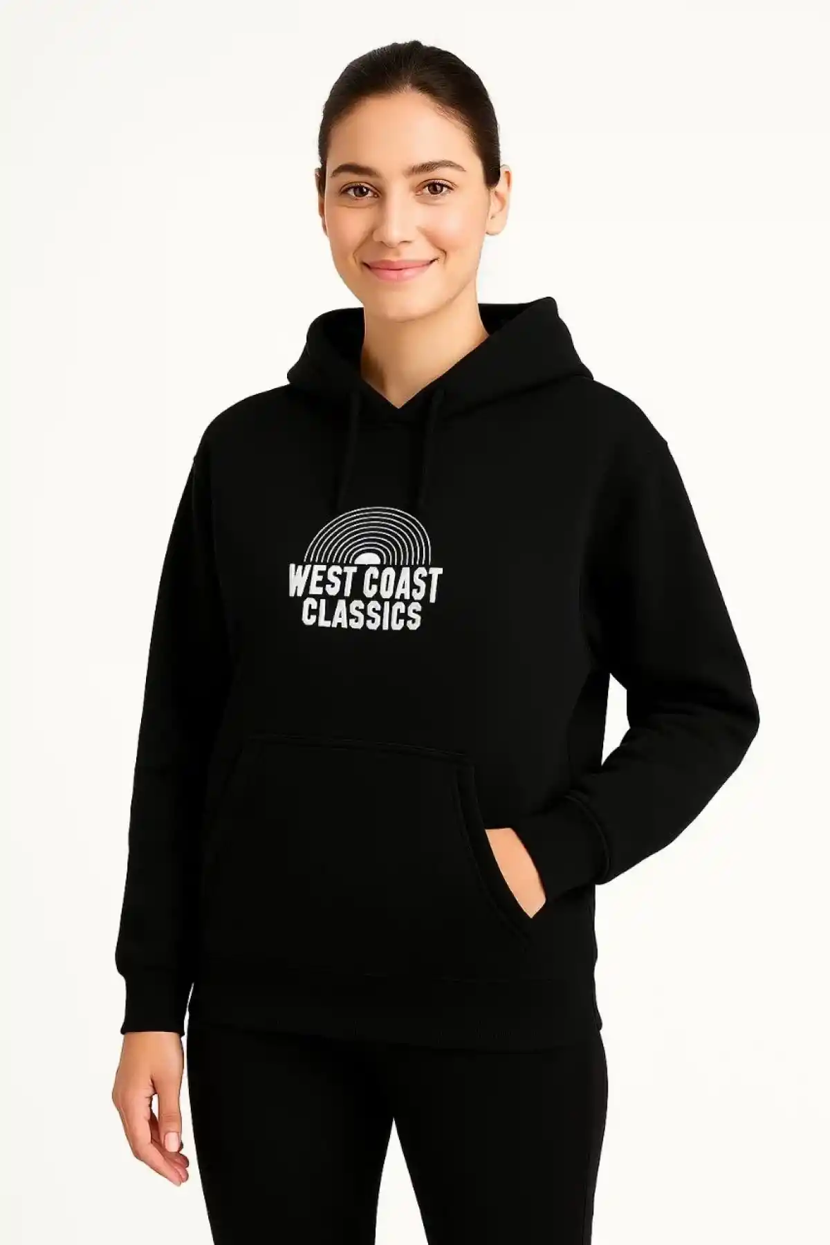 Kadın Kapşonlu Sweatshirt Oversize Üç İplik Şardonlu West Coast Classics Ön Arka - Siyah
