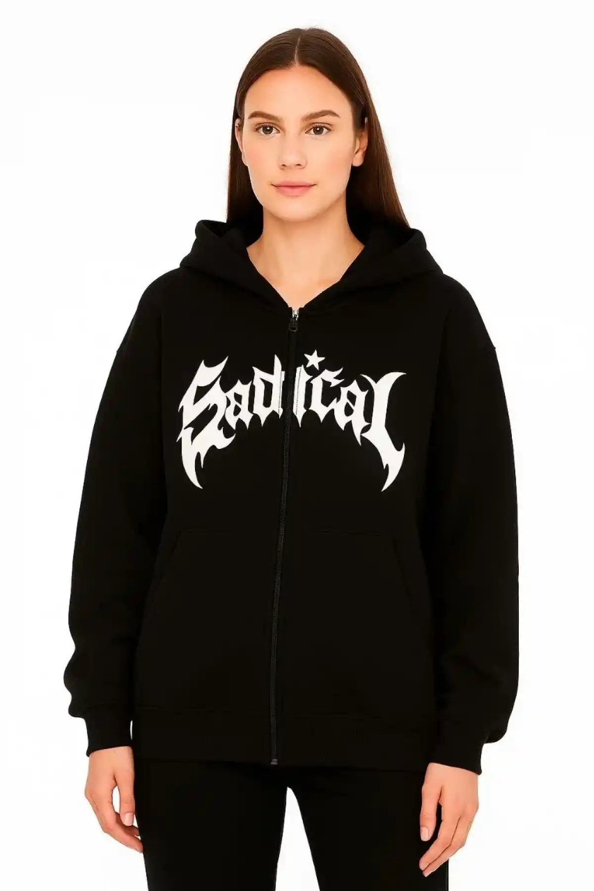 Kadın Kapüşonlu 3 İplik Şardonlu Önü Baskılı Fermuarlı Oversize Sweatshirt - Siyah