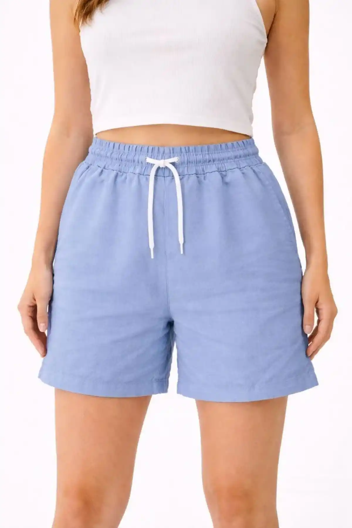 Kadın Keten Kumaş Cepli Rahat Kesim Bel Lastikli Şort - Mavi