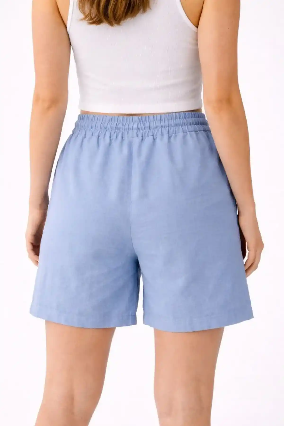 Kadın Keten Kumaş Cepli Rahat Kesim Bel Lastikli Şort - Mavi