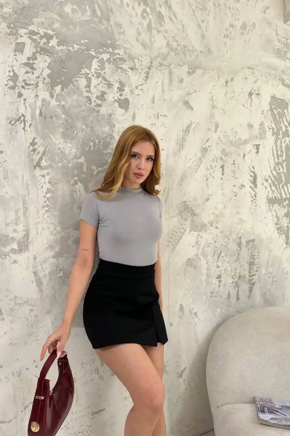 Kadın Kısa kol Badi bluz - Gri