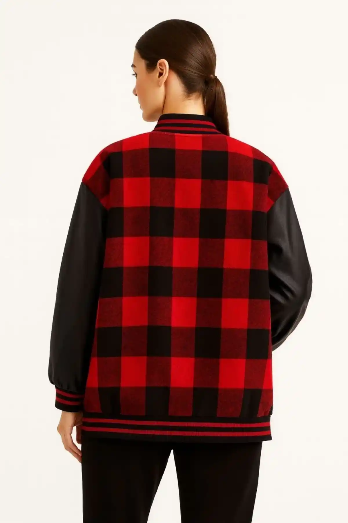 Kadın Kolej Ceket Kareli Oduncu Kolları Suni Deri Fermuarlı İçi Kapitone Astarlı - Bordo