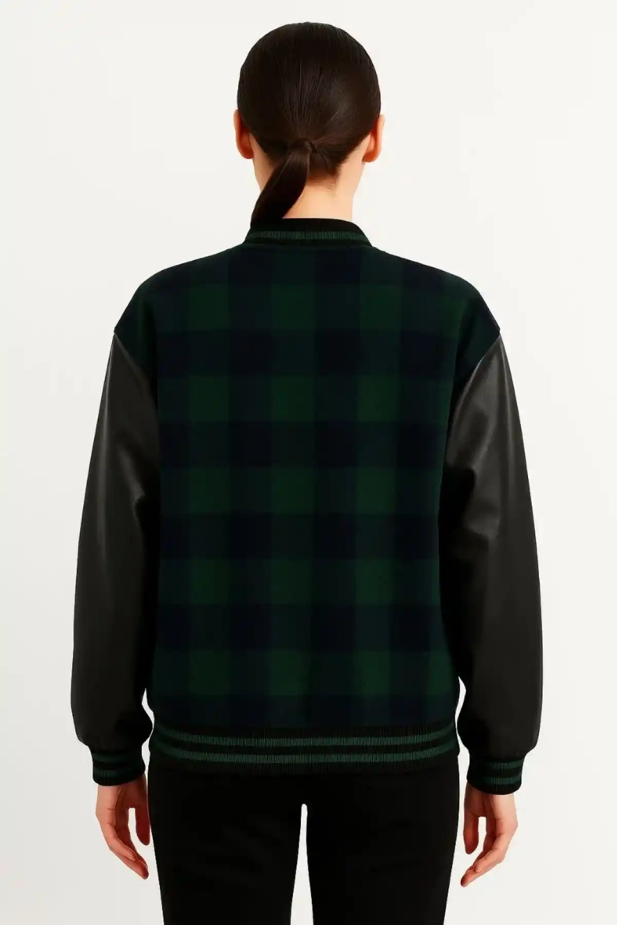 Kadın Kolej Ceket Kareli Oduncu Kolları Suni Deri Fermuarlı İçi Kapitone Astarlı - Haki