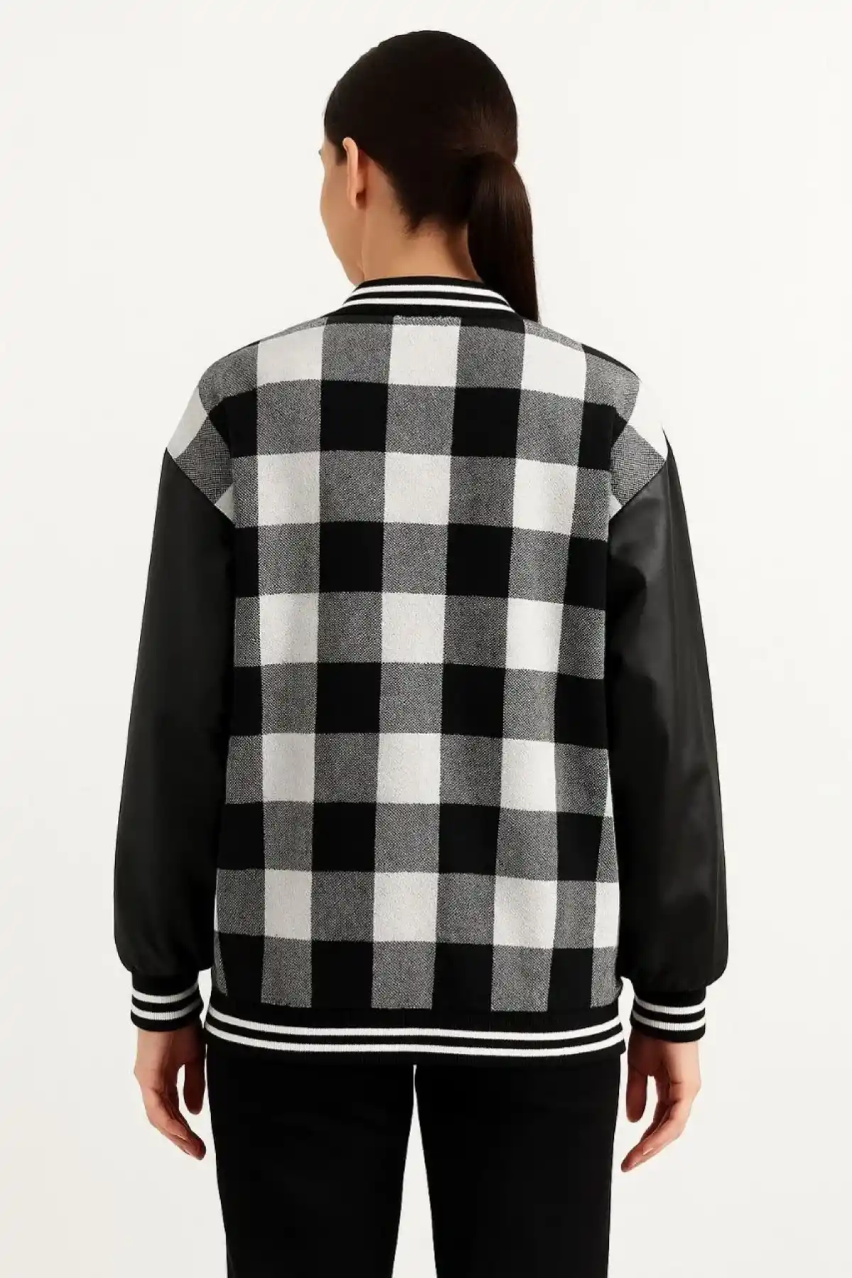 Kadın Kolej Ceket Kareli Oduncu Kolları Suni Deri Fermuarlı İçi Kapitone Astarlı - Gri