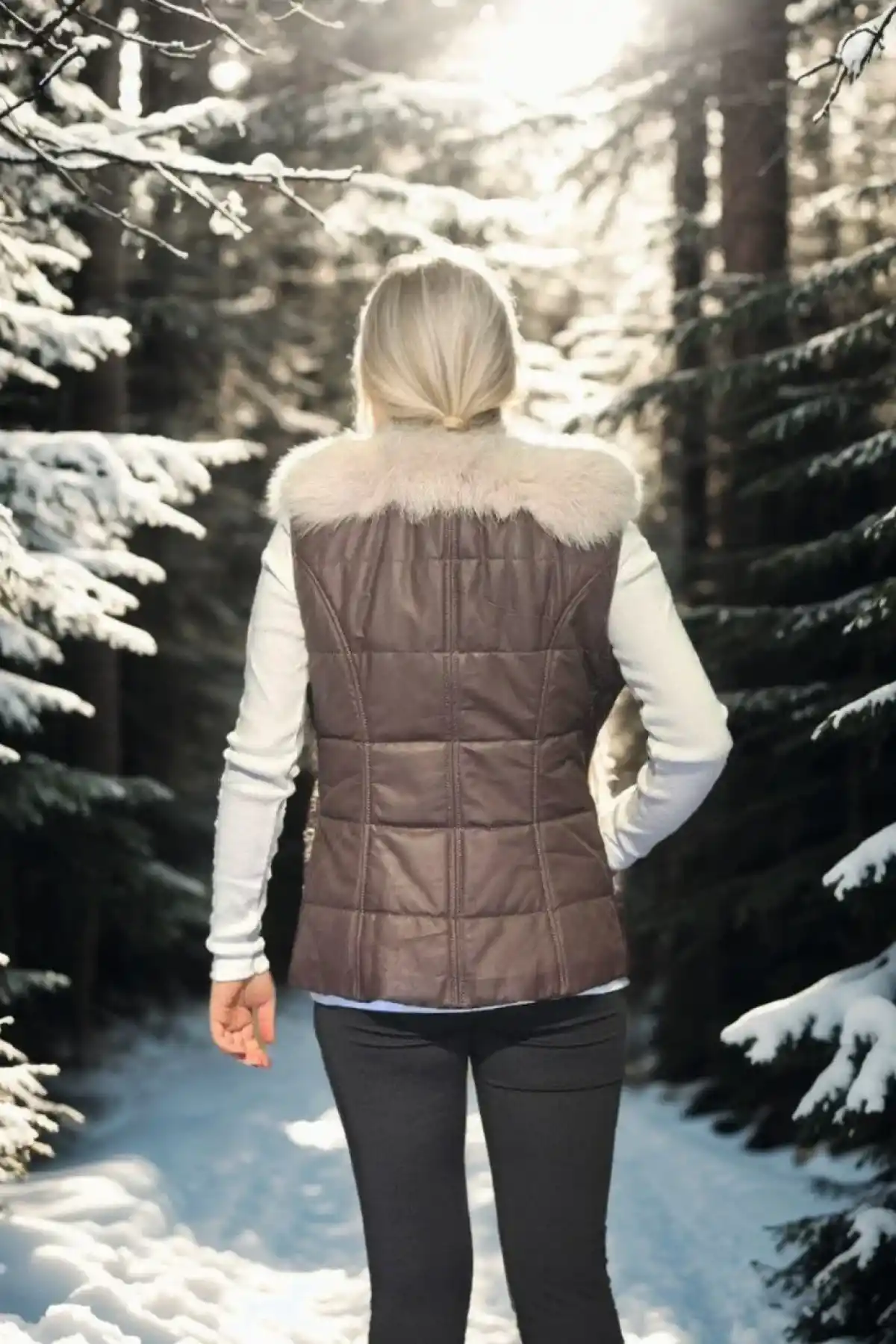 Kadın Kolsuz Fermuarlı Yelek - Kahve