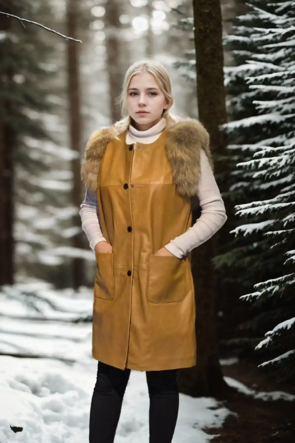 Kadın Kolsuz Hakiki Deri Kürk - Hardal