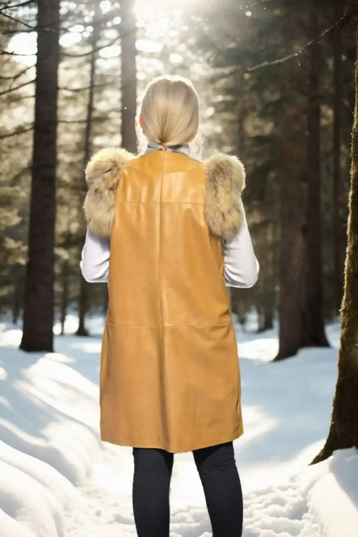 Kadın Kolsuz Hakiki Deri Kürk - Hardal