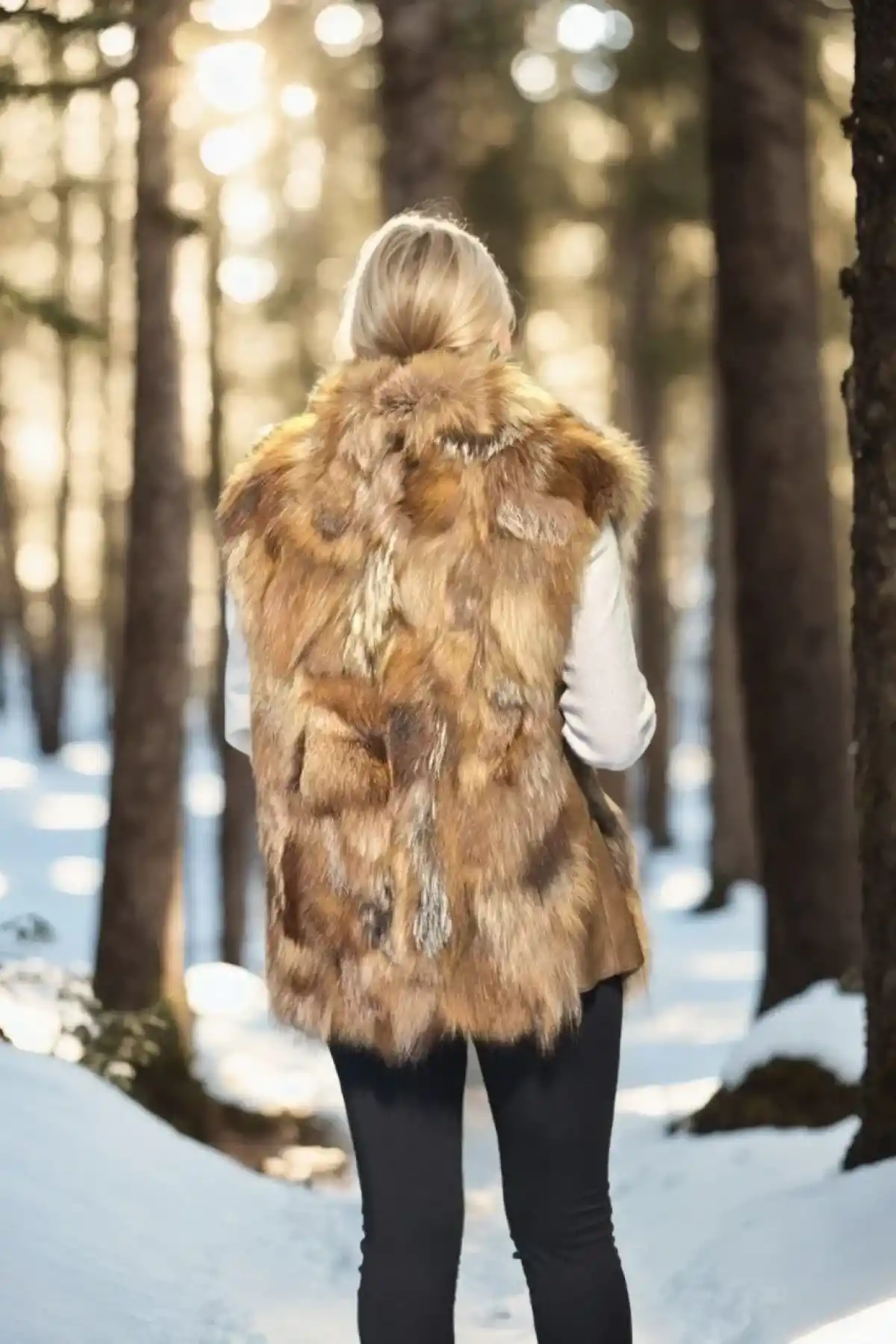 Kadın Kolsuz Hakiki Deri Kürk - Kahve