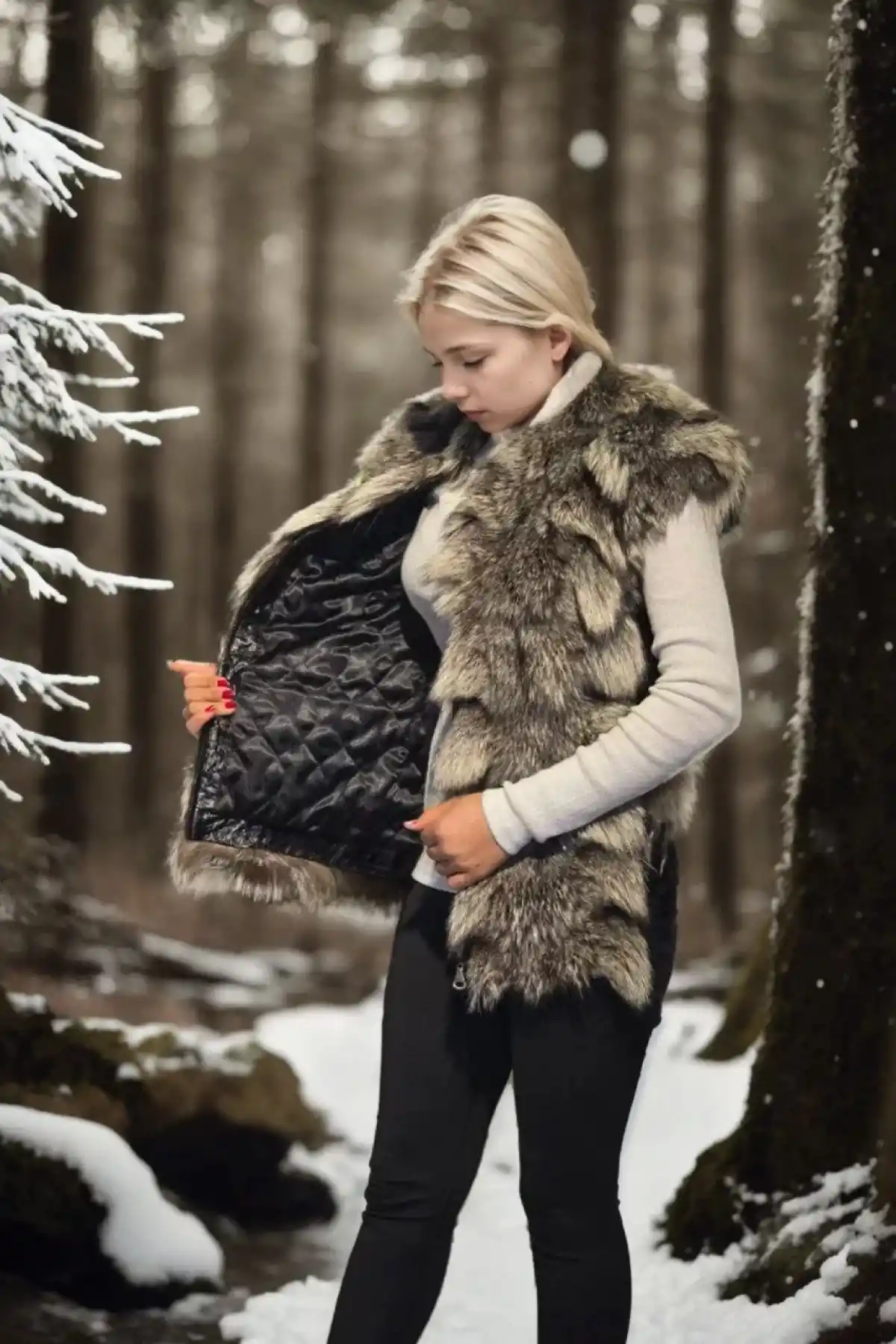 Kadın Kolsuz Hakiki Deri Kürk - Siyah