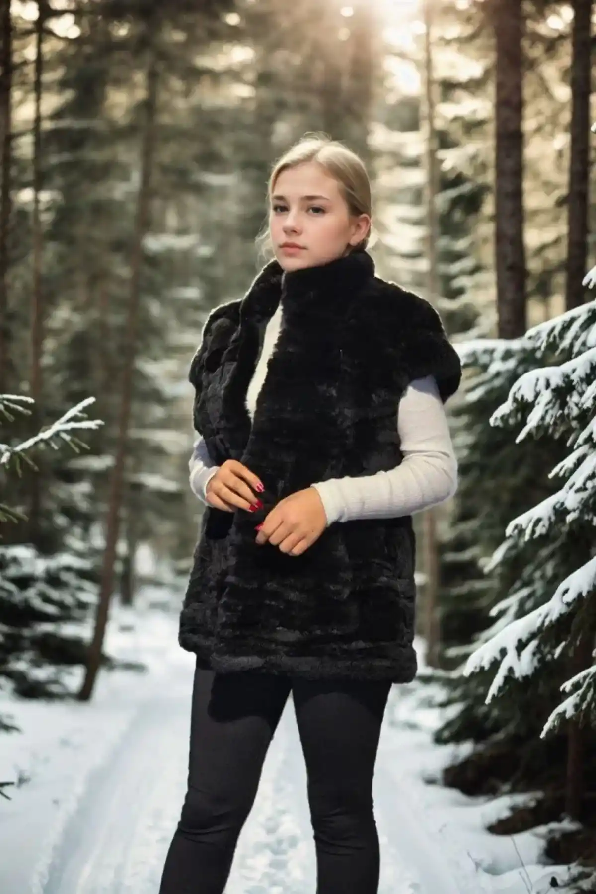 Kadın Kolsuz Hakiki Kürk - Siyah