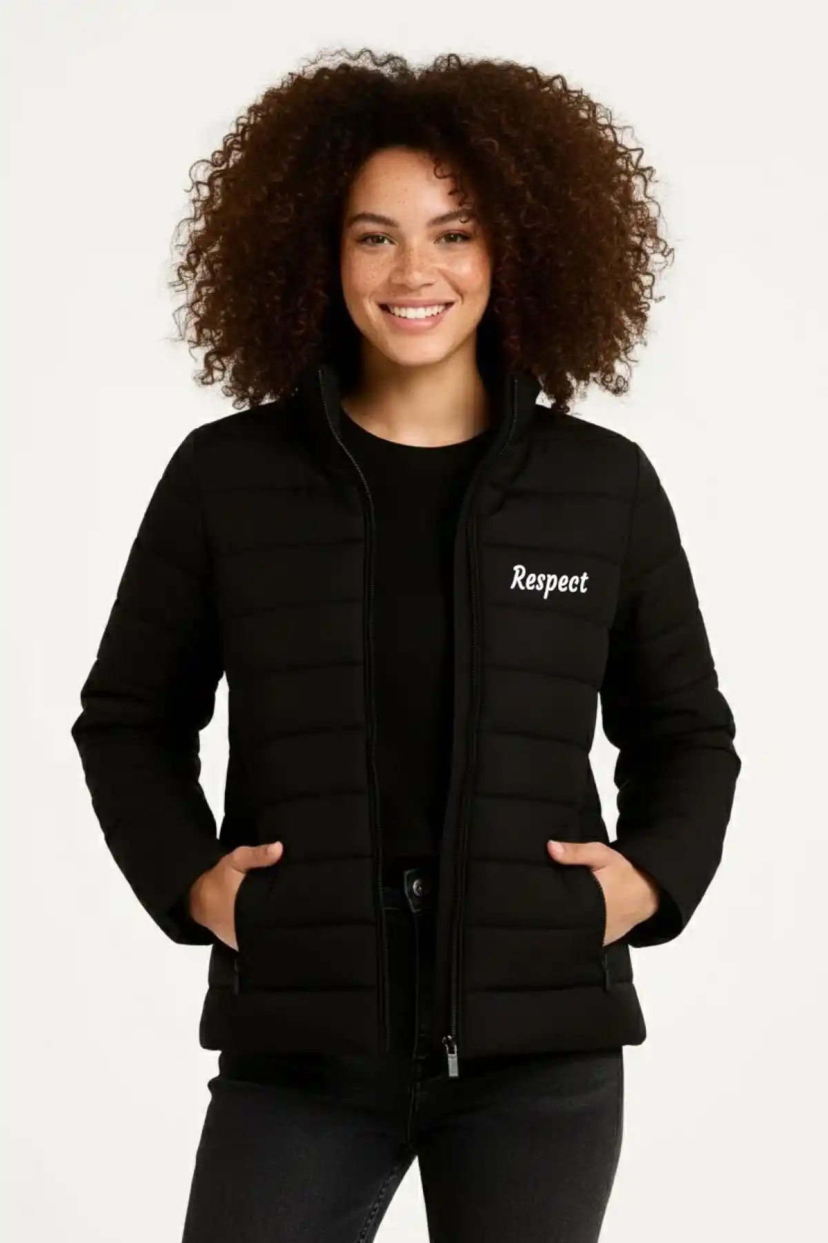 Kadın Mikro Su İtici Kapitone Baskılı Astarlı Fermuarlı Bomber Mont - Siyah