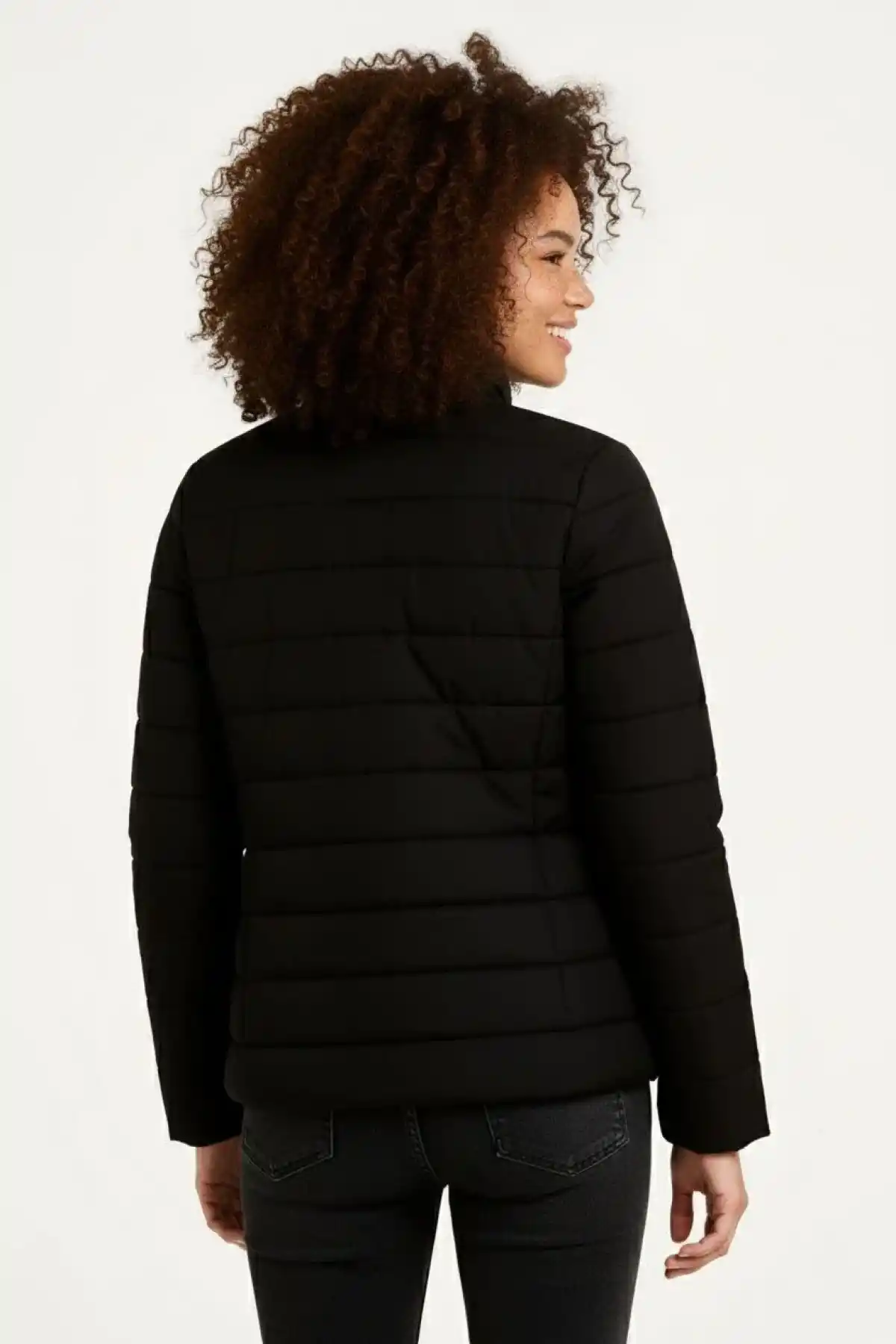 Kadın Mikro Su İtici Kapitone Baskılı Astarlı Fermuarlı Bomber Mont - Siyah