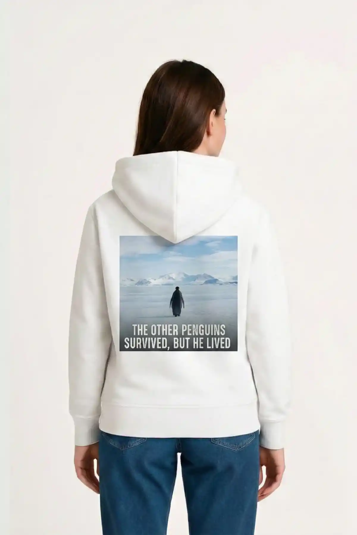 Kadın Oversize Hoodie - Sırt Baskılı Survivor Penguin Temalı, Felsefi Yazılı Kapüşonlu Sweatshirt - Beyaz
