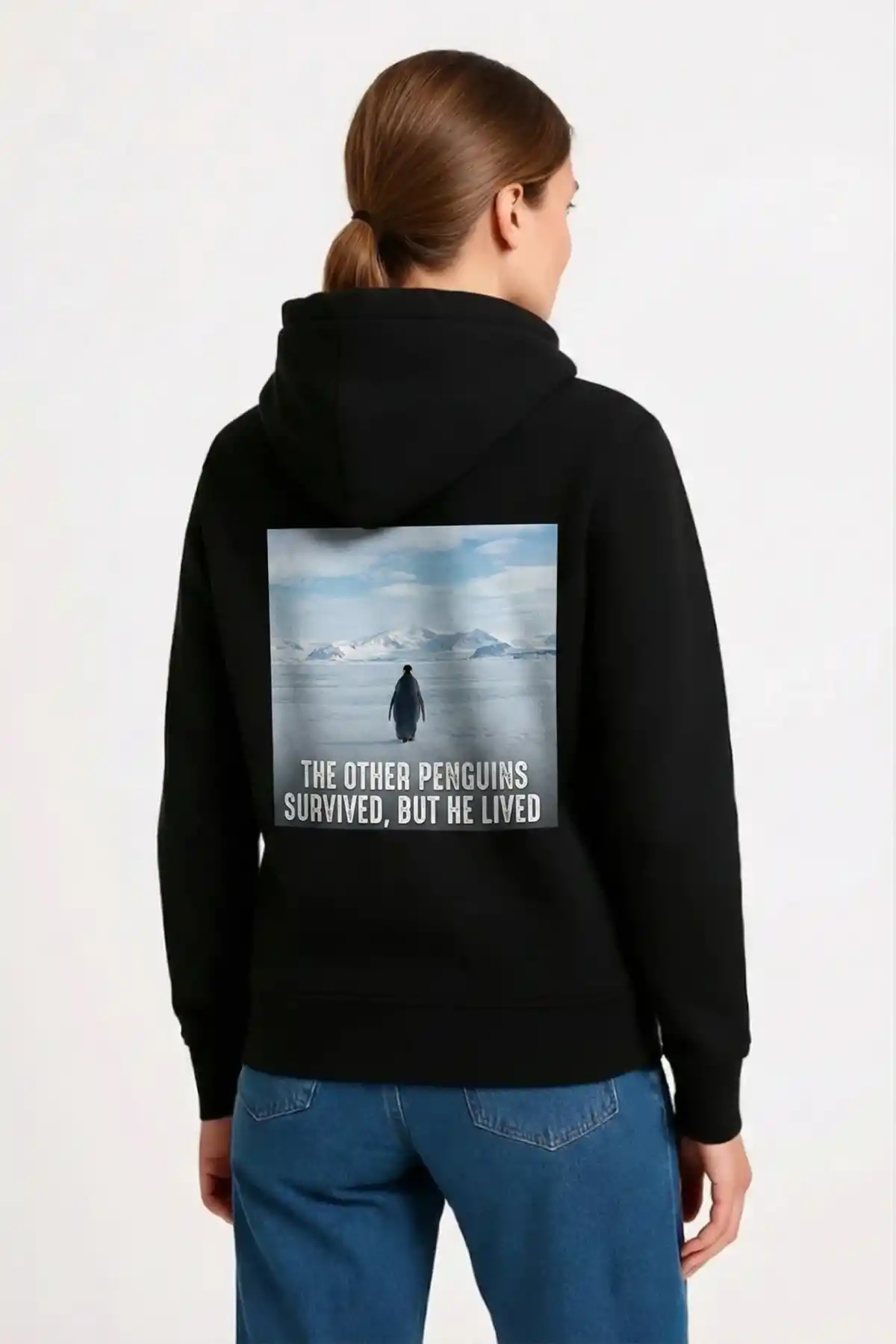 Kadın Oversize Hoodie - Sırt Baskılı Survivor Penguin Temalı, Felsefi Yazılı Kapüşonlu Sweatshirt - Siyah