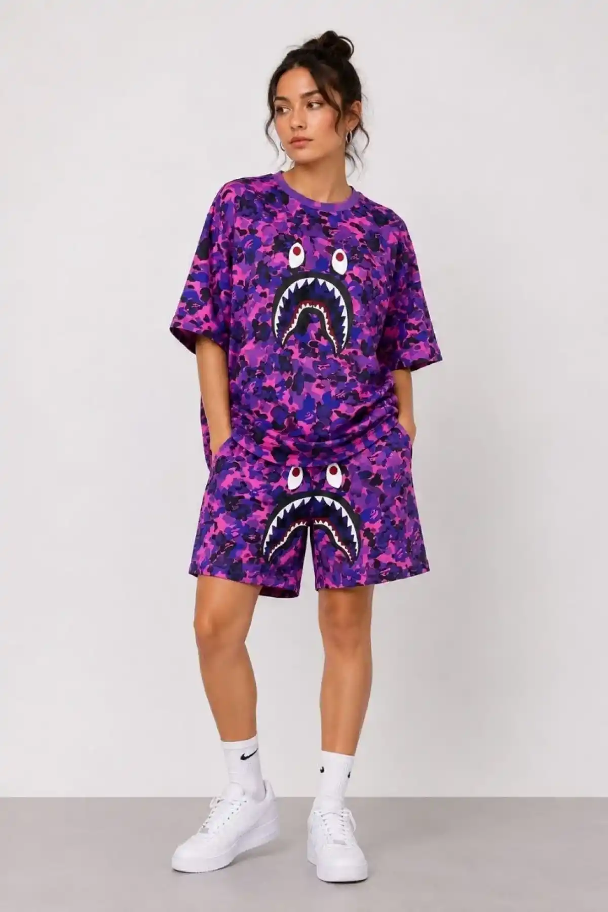 Kadın Oversize Kalıp Pubg Bape X Shark Nakışlı Cepli Şort Takım - Mor