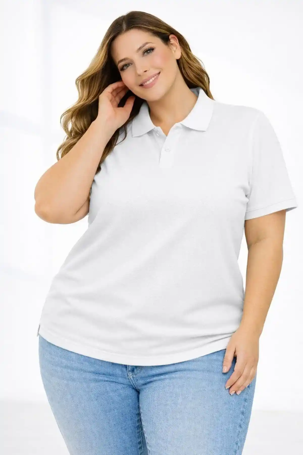 Kadın Pike Kumaş Düğmeli Yaka Battal Büyük Beden Günlük Kısa kol Tişört T-shirt - Beyaz