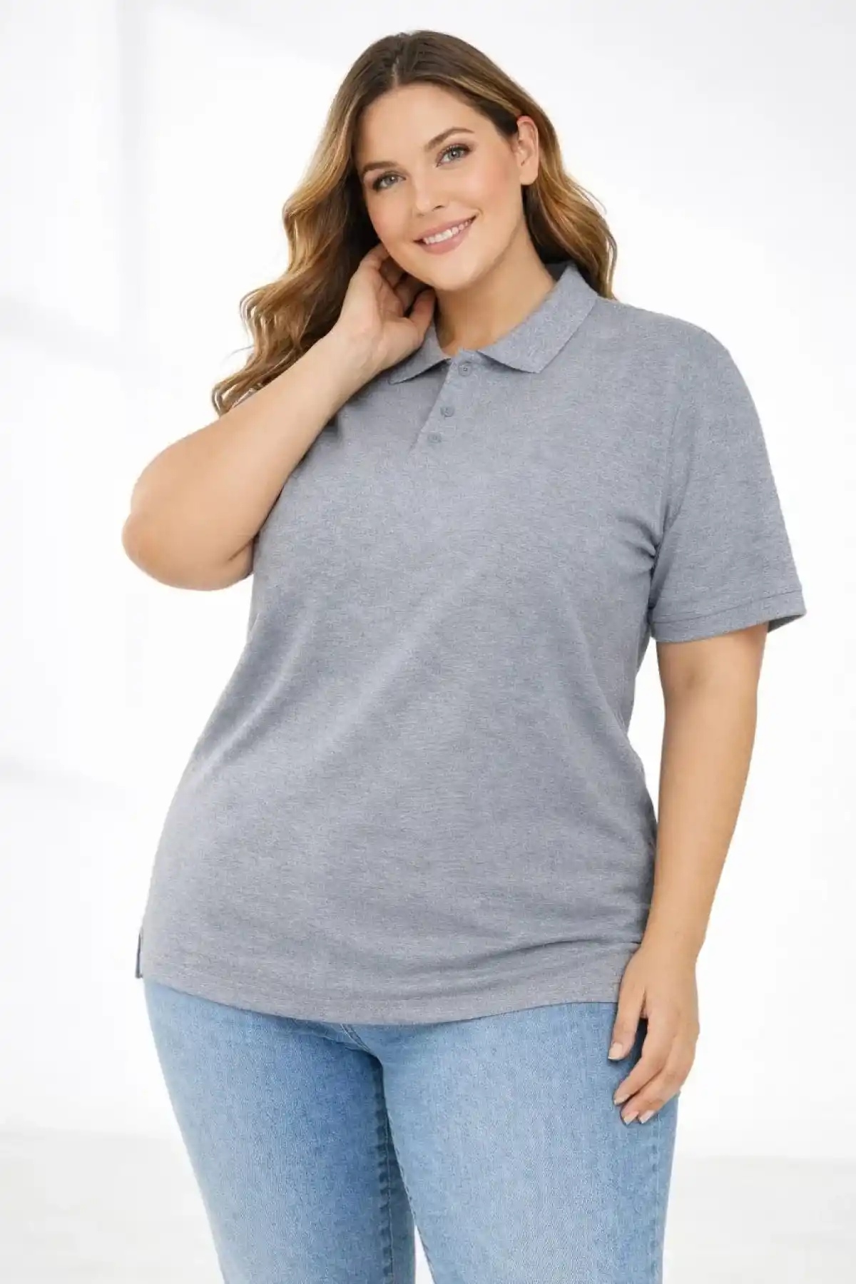 Kadın Pike Kumaş Düğmeli Yaka Battal Büyük Beden Günlük Kısa kol Tişört T-shirt - Gri