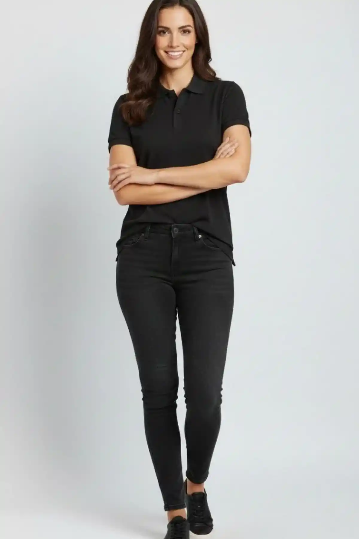 Kadın Pike Kumaş Düğmeli Yaka Regular Rahat Günlük Kısa kol Tişört T-shirt - Siyah