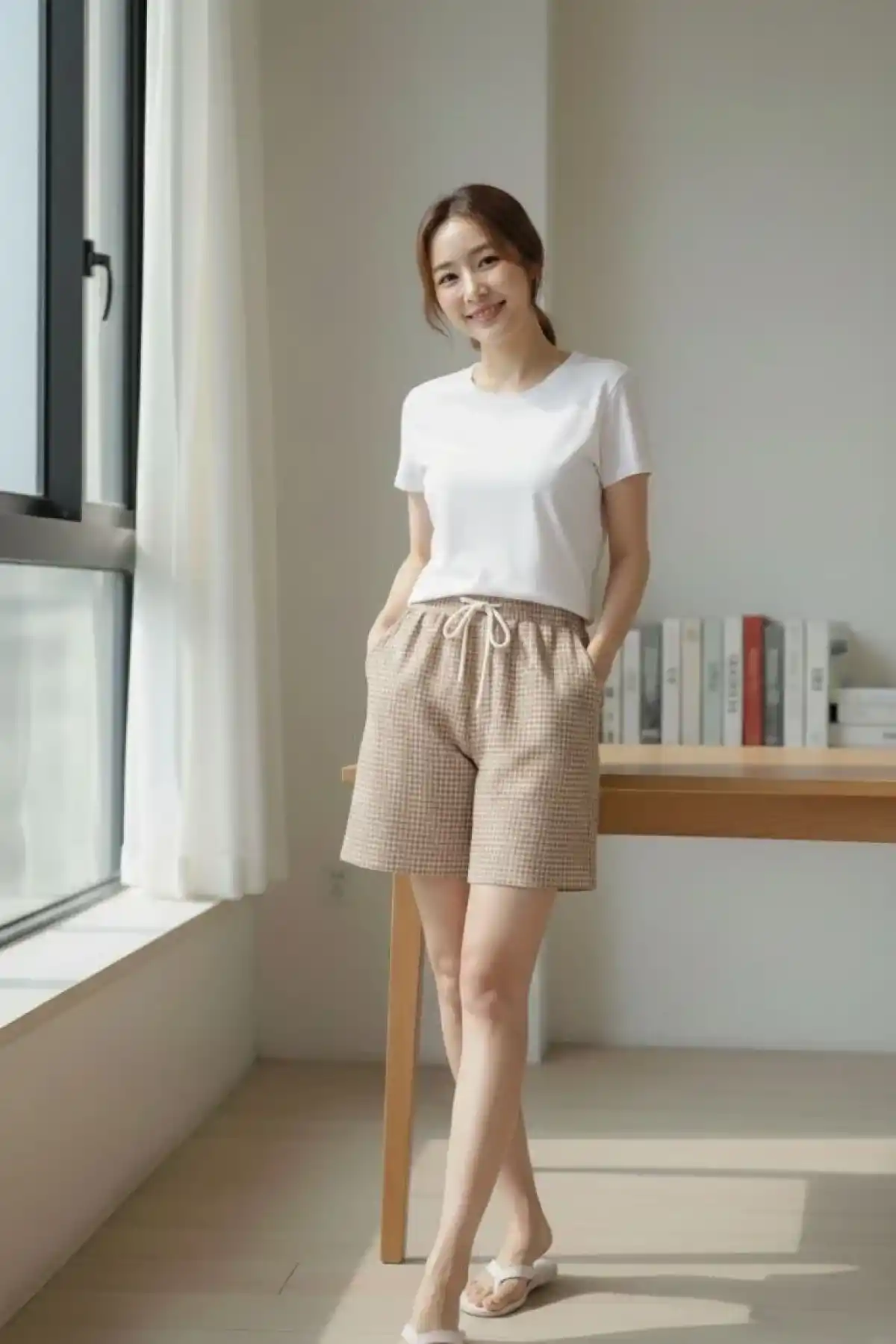 Kadın Pötikareli Şort Beli Lastikli Bağcıklı Cepli Kesim Şort - Bej