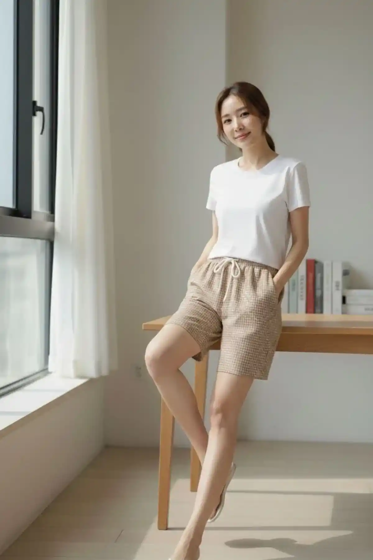 Kadın Pötikareli Şort Beli Lastikli Bağcıklı Cepli Kesim Şort - Bej