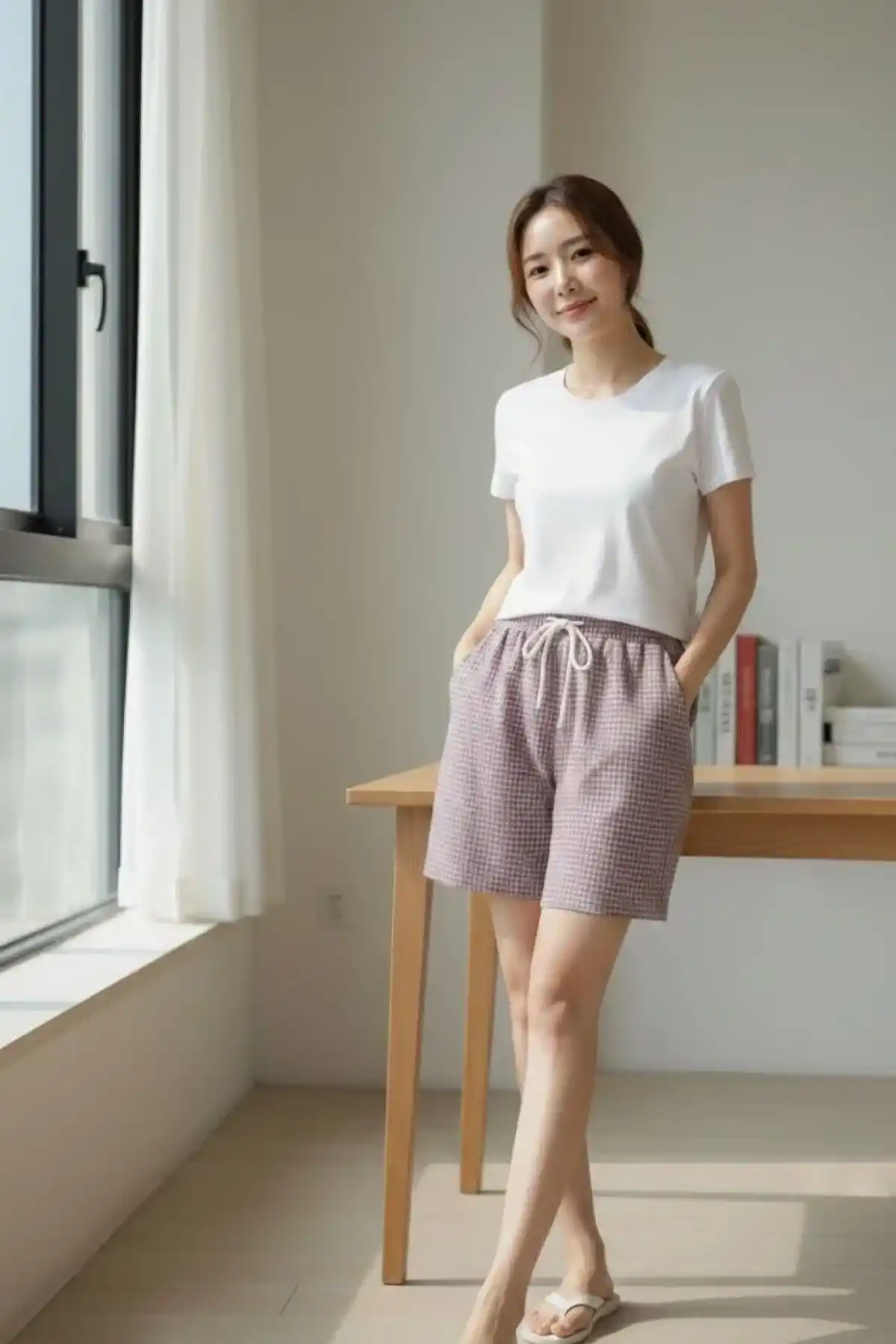 Kadın Pötikareli Şort Beli Lastikli Bağcıklı Cepli Kesim Şort - Gül Kurusu