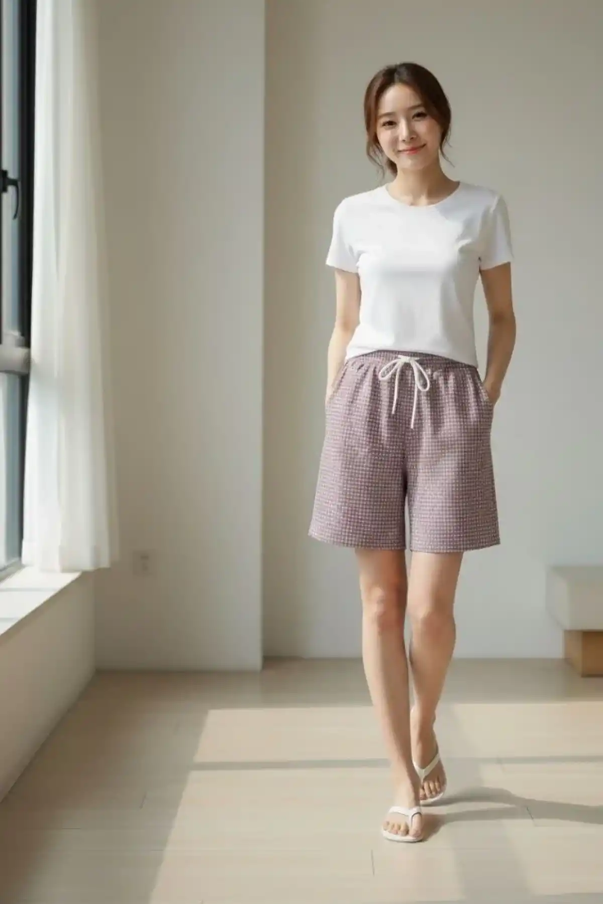 Kadın Pötikareli Şort Beli Lastikli Bağcıklı Cepli Kesim Şort - Gül Kurusu