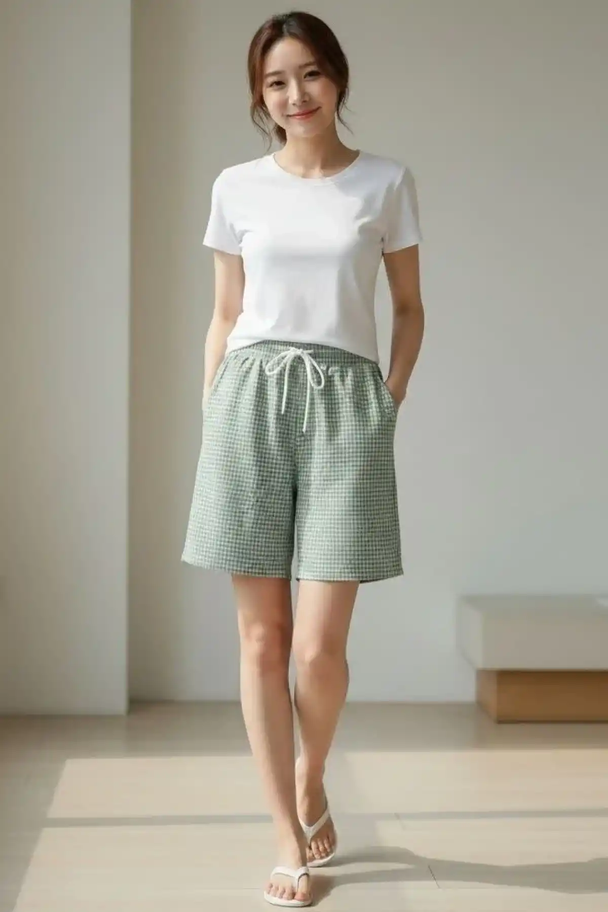 Kadın Pötikareli Şort Beli Lastikli Bağcıklı Cepli Kesim Şort - Mint Yeşili