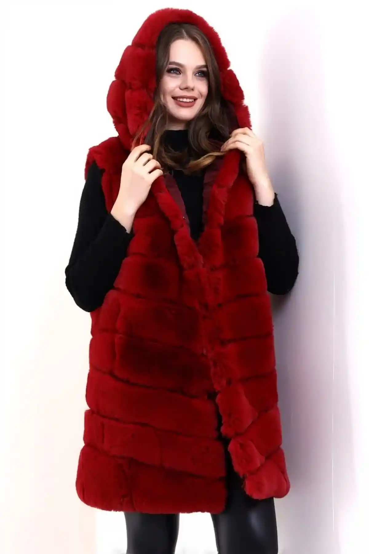 Kadın Reks Kapüşonlu Yelek - Kırmızı