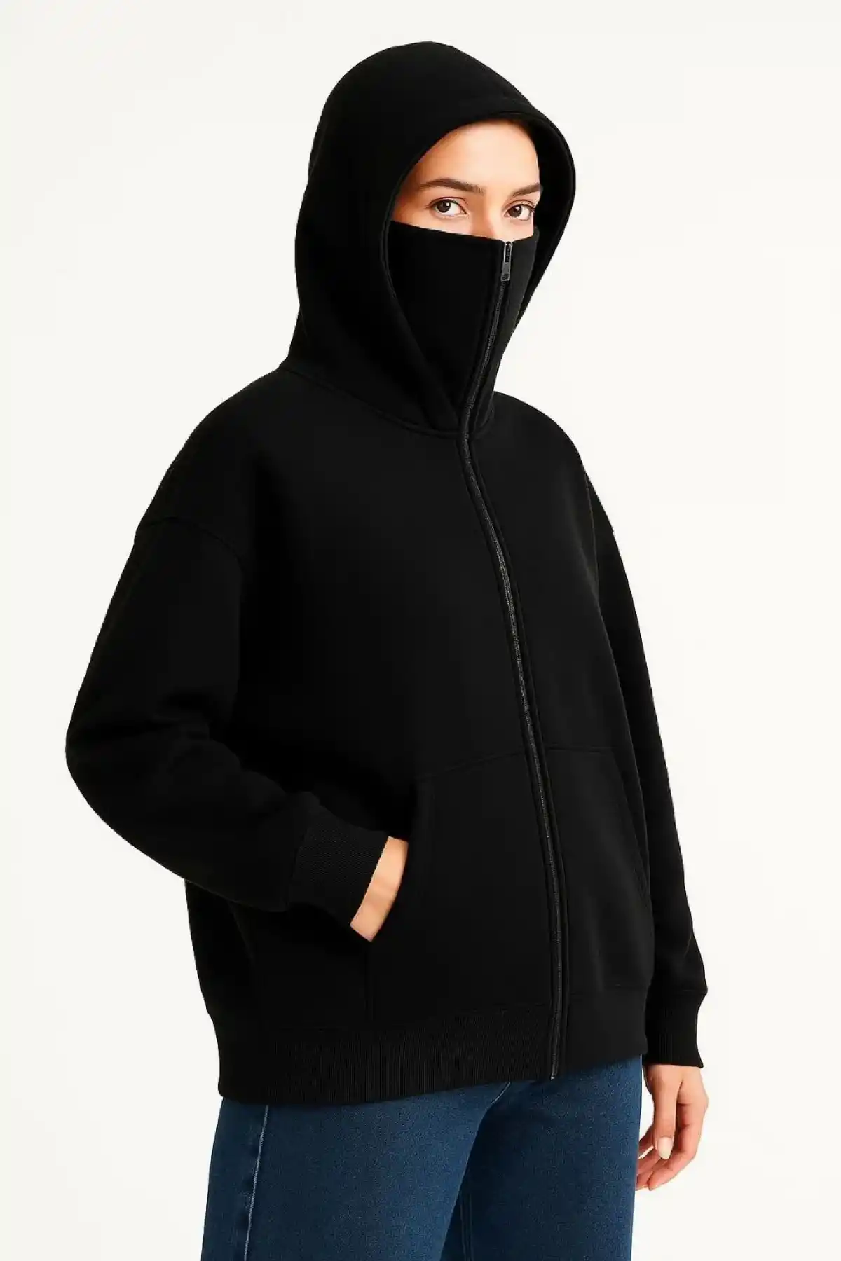 Kadın Samuray Ninja Çift Kapşonlu ZIP Fermuarlı Kanguru Çepli Hoodie Maske detaylı Swetshirt - Siyah