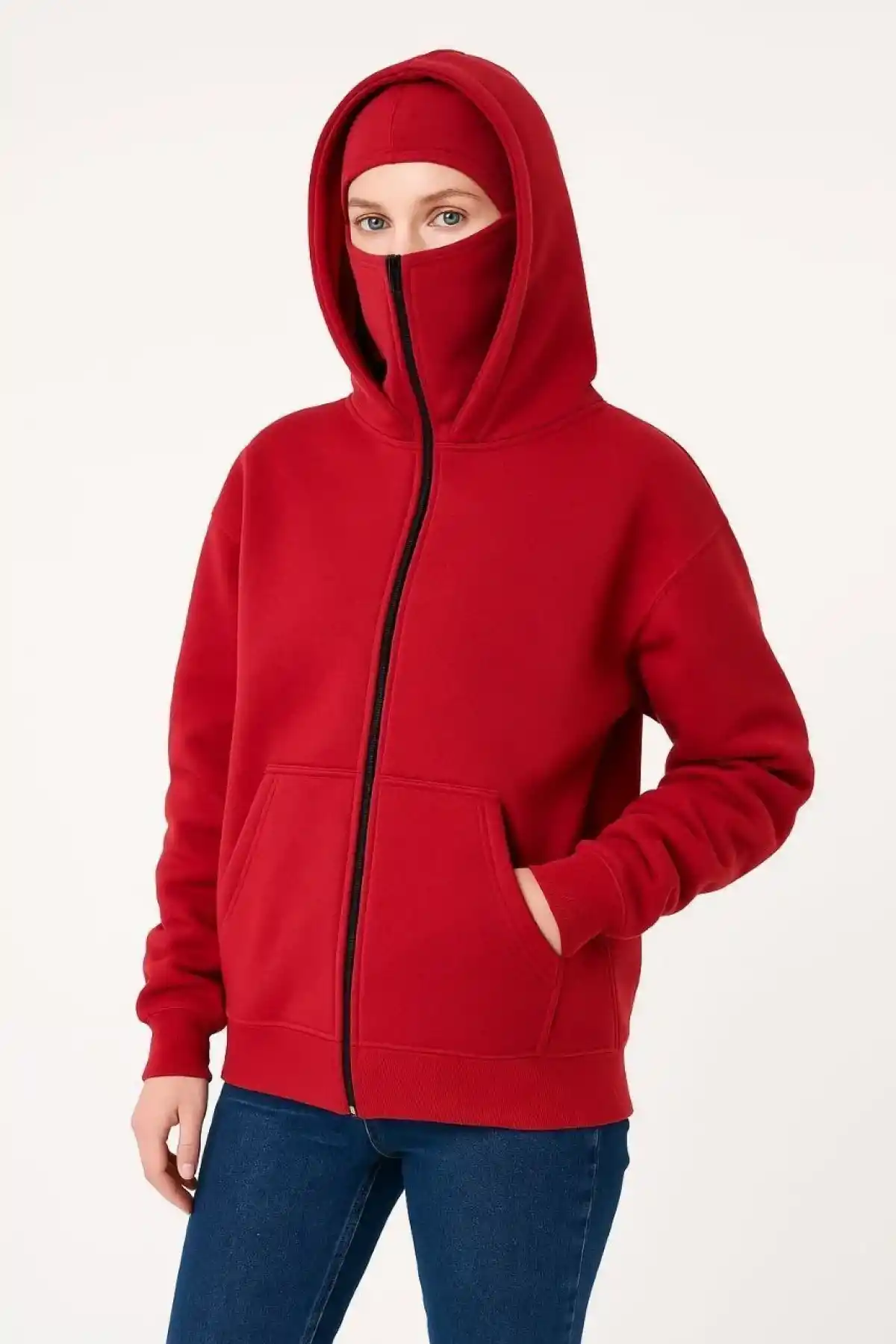 Kadın Samuray Ninja Çift Kapşonlu ZIP Fermuarlı Kanguru Çepli Hoodie Maske detaylı Swetshirt - Kırmızı