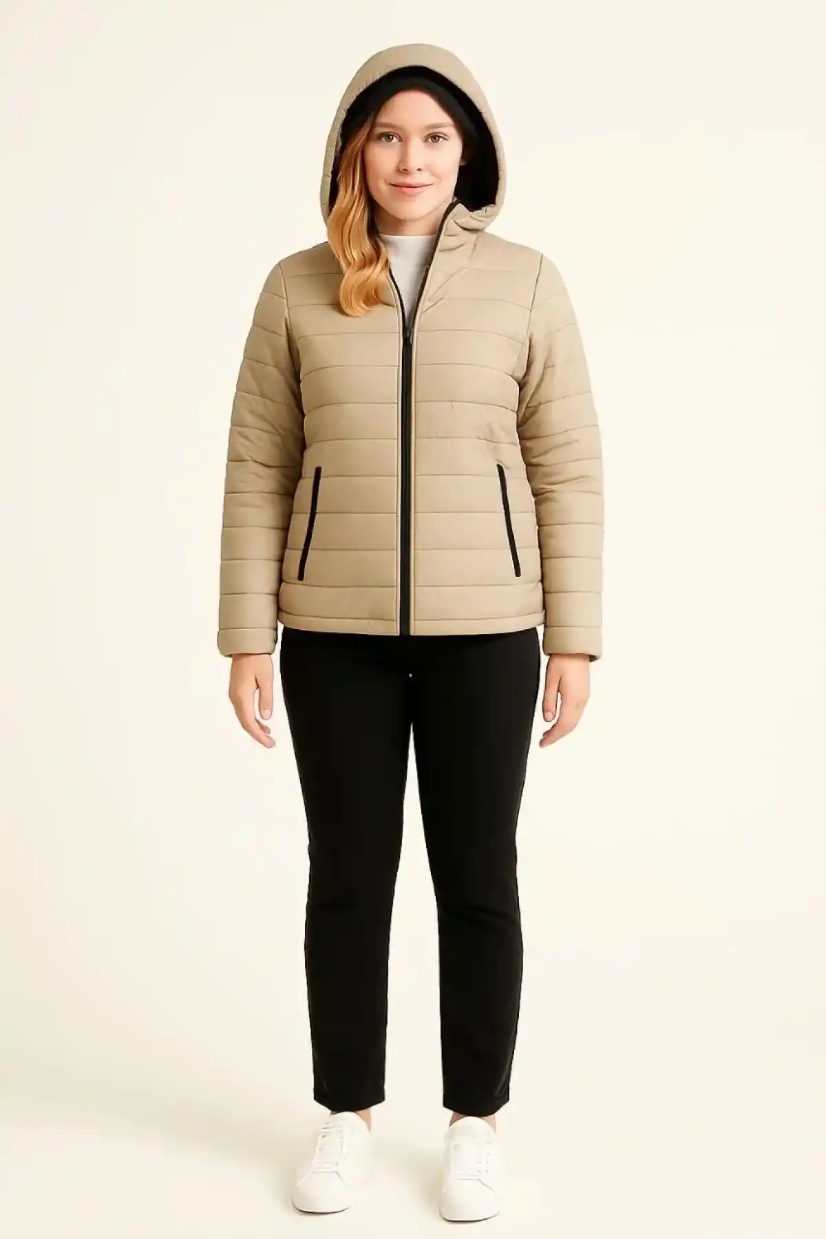 Kadın Şişme Kapüşonlu Fermuarlı Mont Su itici Kapitone Astarlı Kumaş Cepli Kışlık Rahat Kalıp - Bej