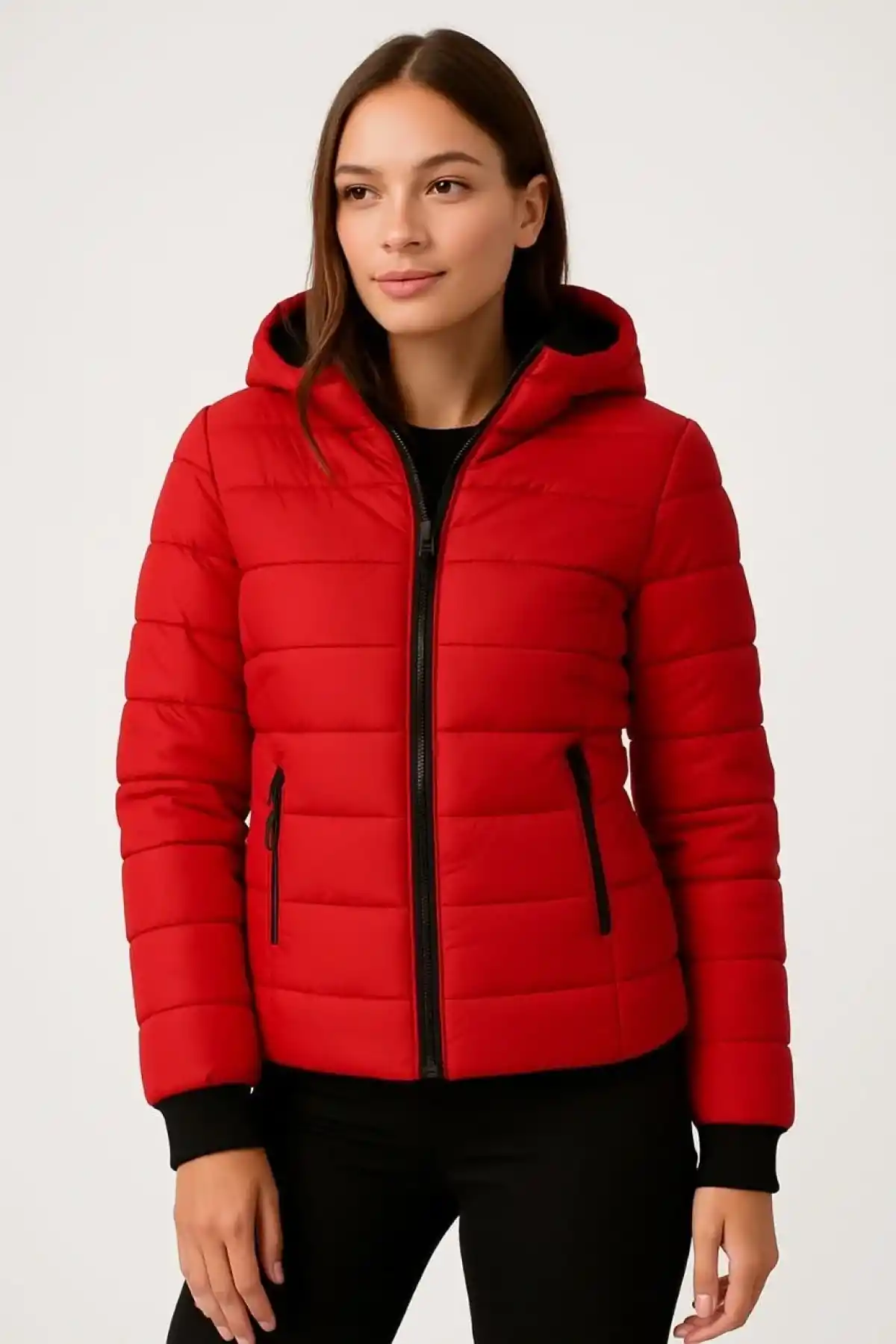Kadın Şişme Kapüşonlu Fermuarlı Mont Su itici Kapitone Astarlı Cepli Kalıp - Kırmızı