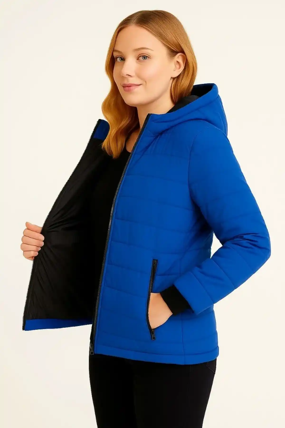 Kadın Şişme Kapüşonlu Fermuarlı Mont Su itici Kapitone Astarlı Cepli Kalıp - Saks Mavisi