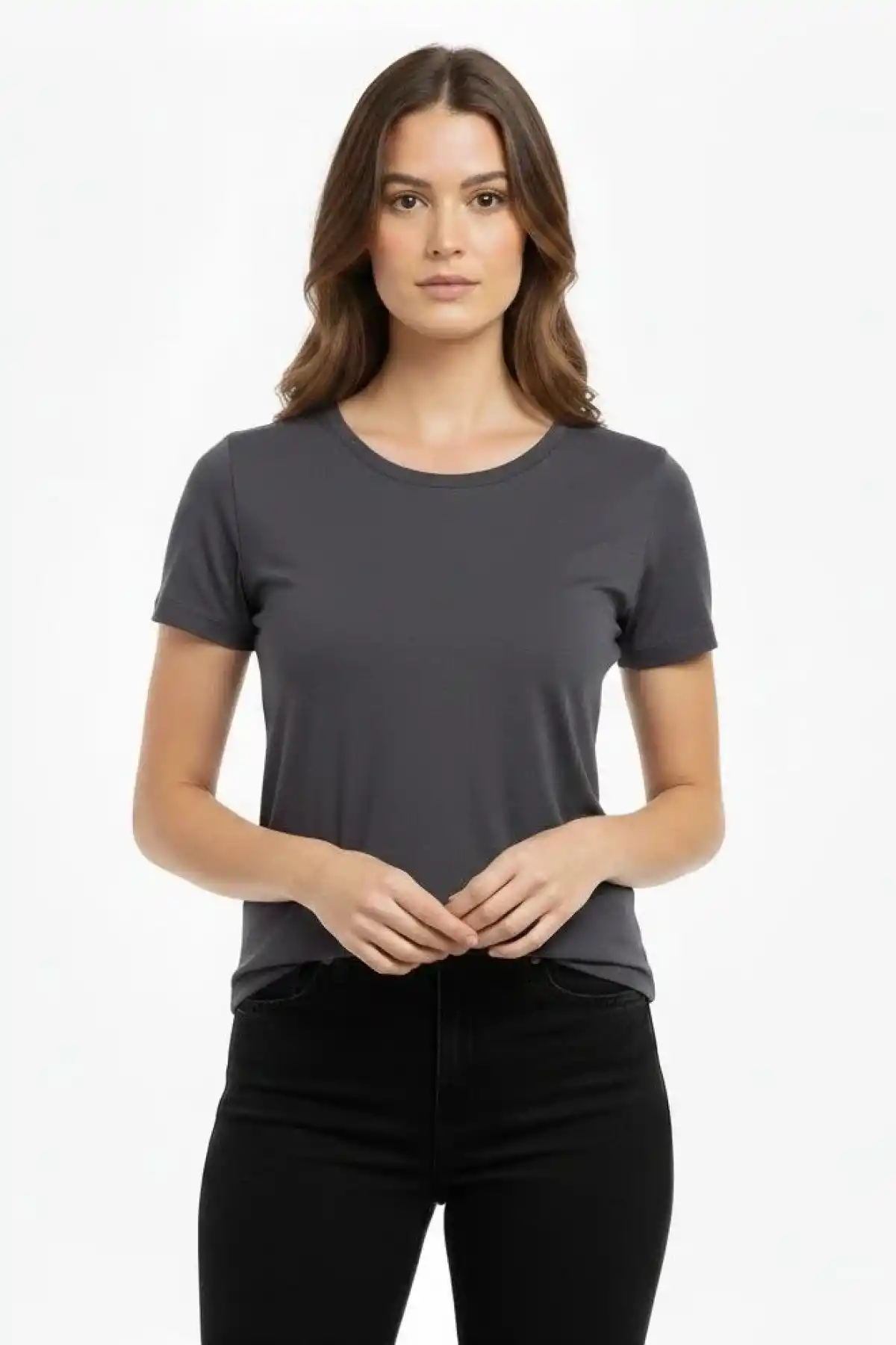 Kadın T-Shirt Bisiklet Yaka Slim Fit Likralı Tişört Günlük Basic Body - Füme