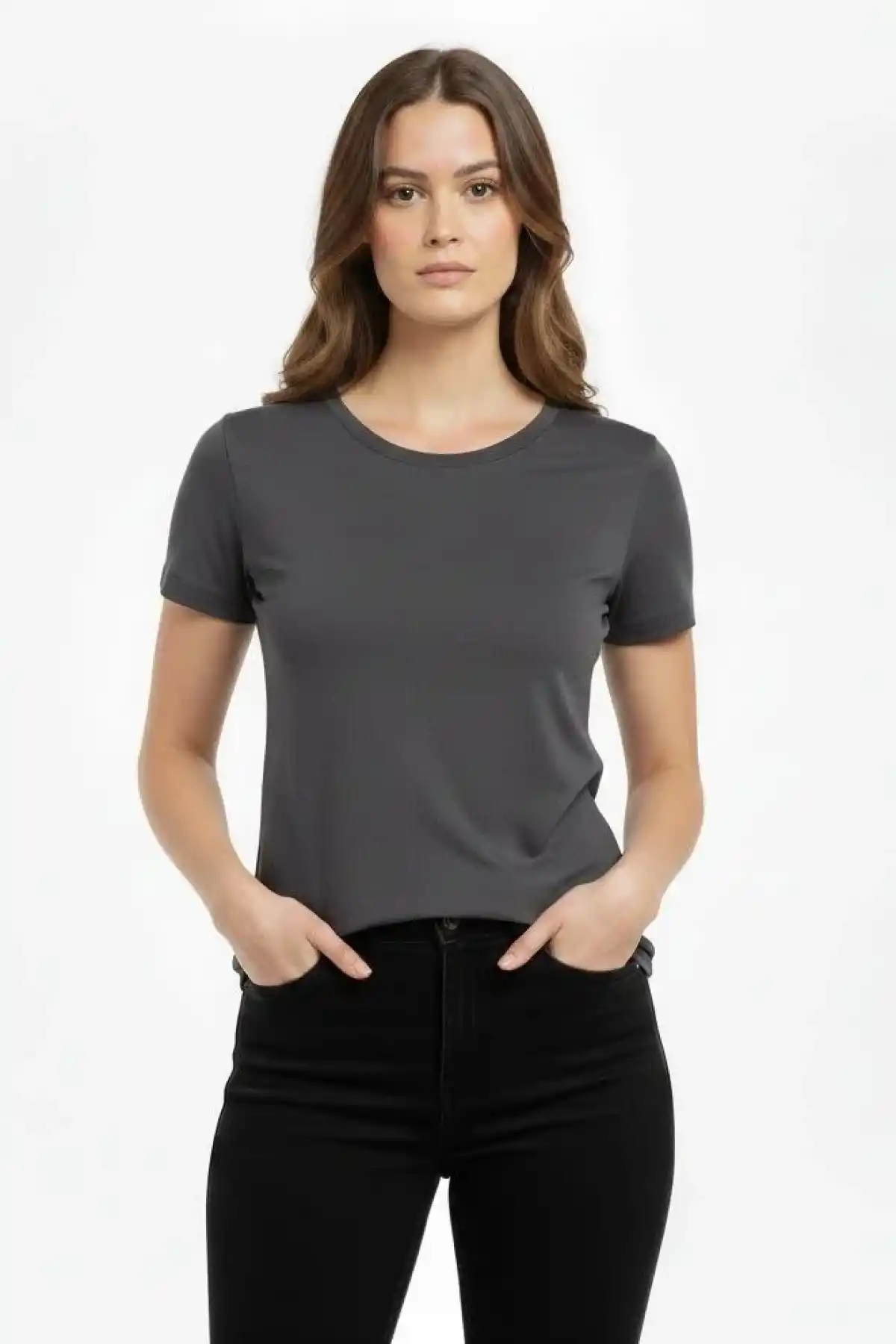 Kadın T-Shirt Bisiklet Yaka Slim Fit Likralı Tişört Günlük Basic Body - Füme