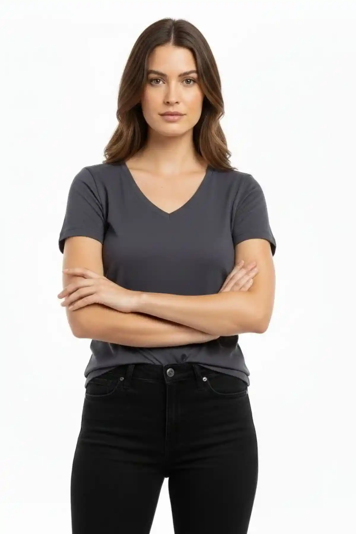 Kadın T-Shirt V Yaka Slim Fit Likralı Tişört Günlük Basic Body - Füme