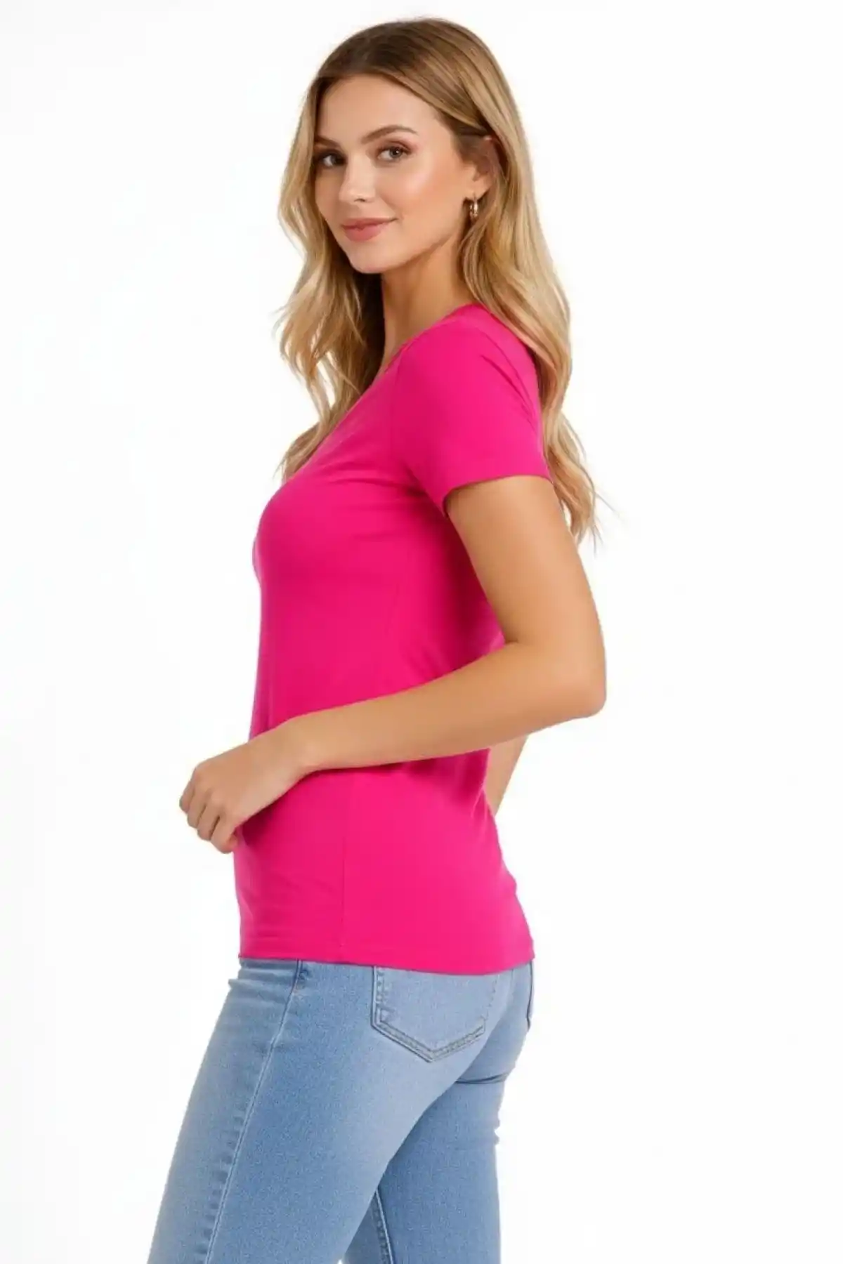 Kadın T-Shirt V Yaka Slim Fit Likralı Tişört Günlük Basic Body - Pembe