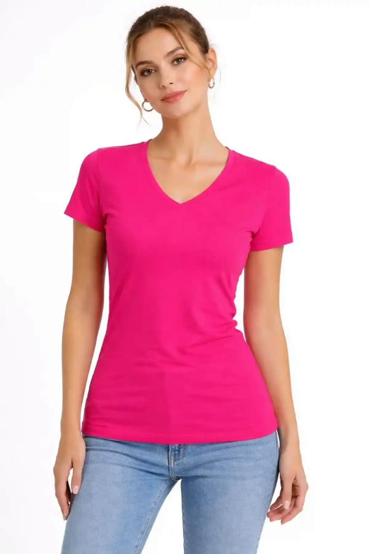 Kadın T-Shirt V Yaka Slim Fit Likralı Tişört Günlük Basic Body - Pembe