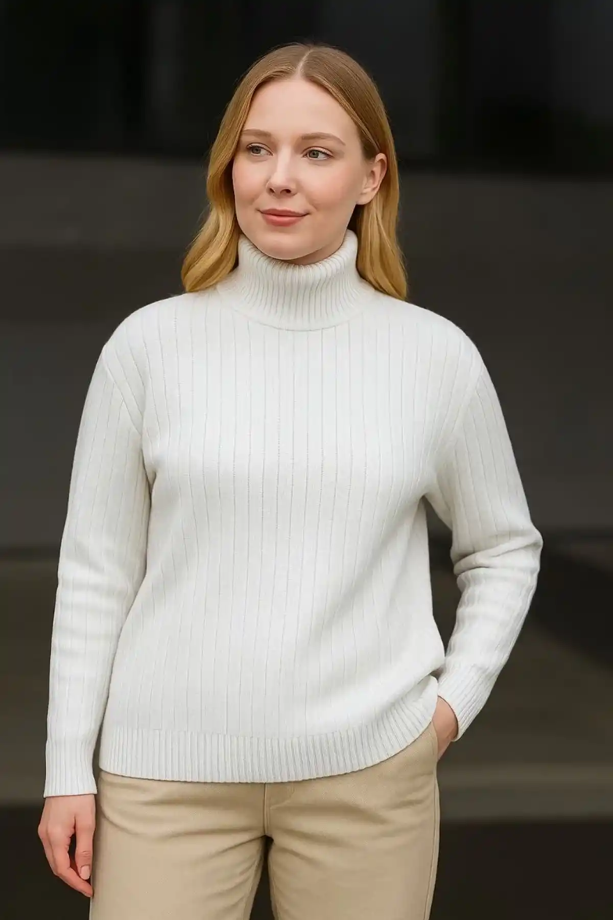 Kadın Tam Boğazlı Balıkçı Yaka Triko Kazak Kalın Fitilli - Beyaz