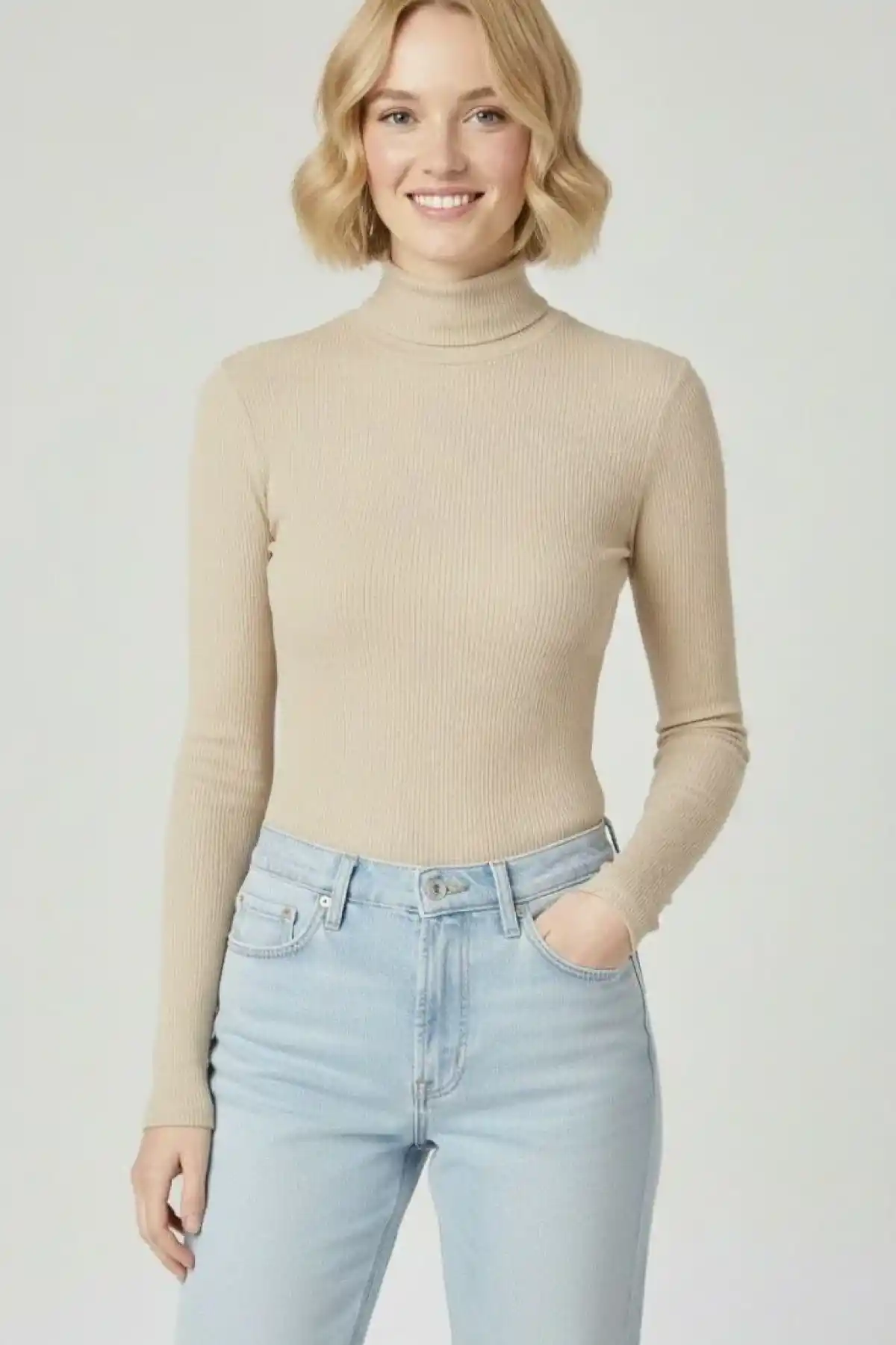 Kadın Tam Boğazlı Fitilli Likrali Kaşkorse Badi İnce Uzun Kollu Kazak - Bej