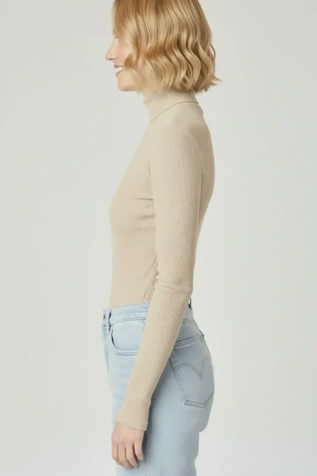 Kadın Tam Boğazlı Fitilli Likrali Kaşkorse Badi İnce Uzun Kollu Kazak - Bej