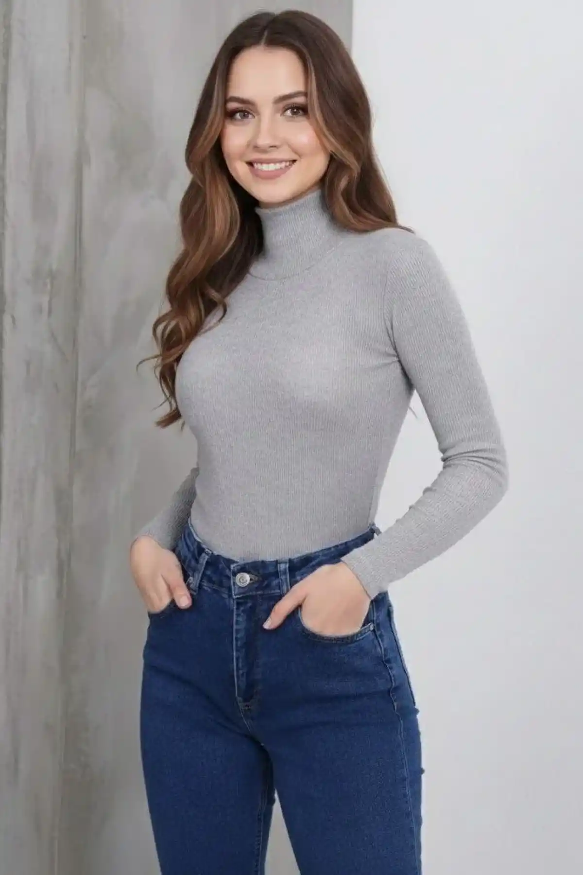 Kadın Tam Boğazlı Fitilli Likrali Kaşkorse Badi İnce Uzun Kollu Kazak - Gri