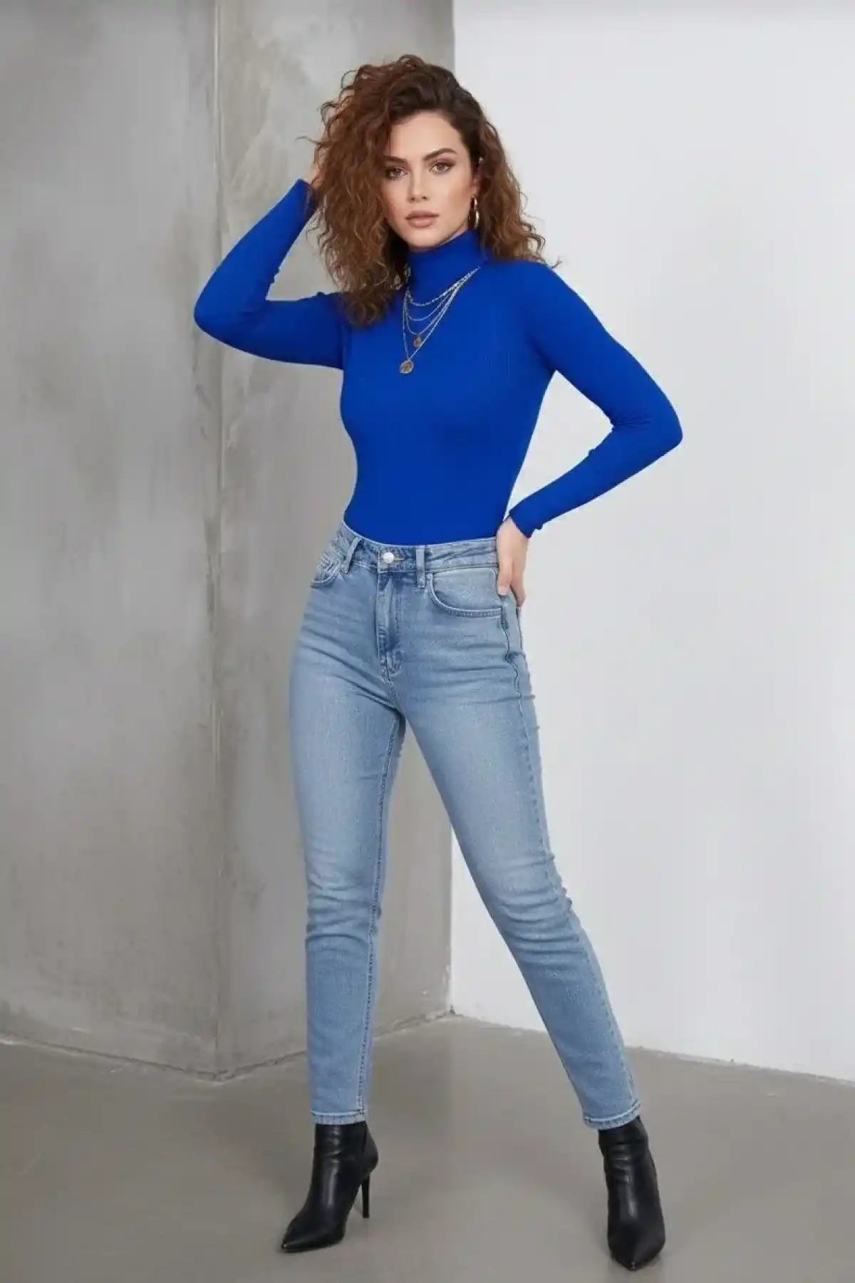 Kadın Tam Boğazlı Fitilli Likrali Kaşkorse Badi İnce Uzun Kollu Kazak - Saks Mavisi